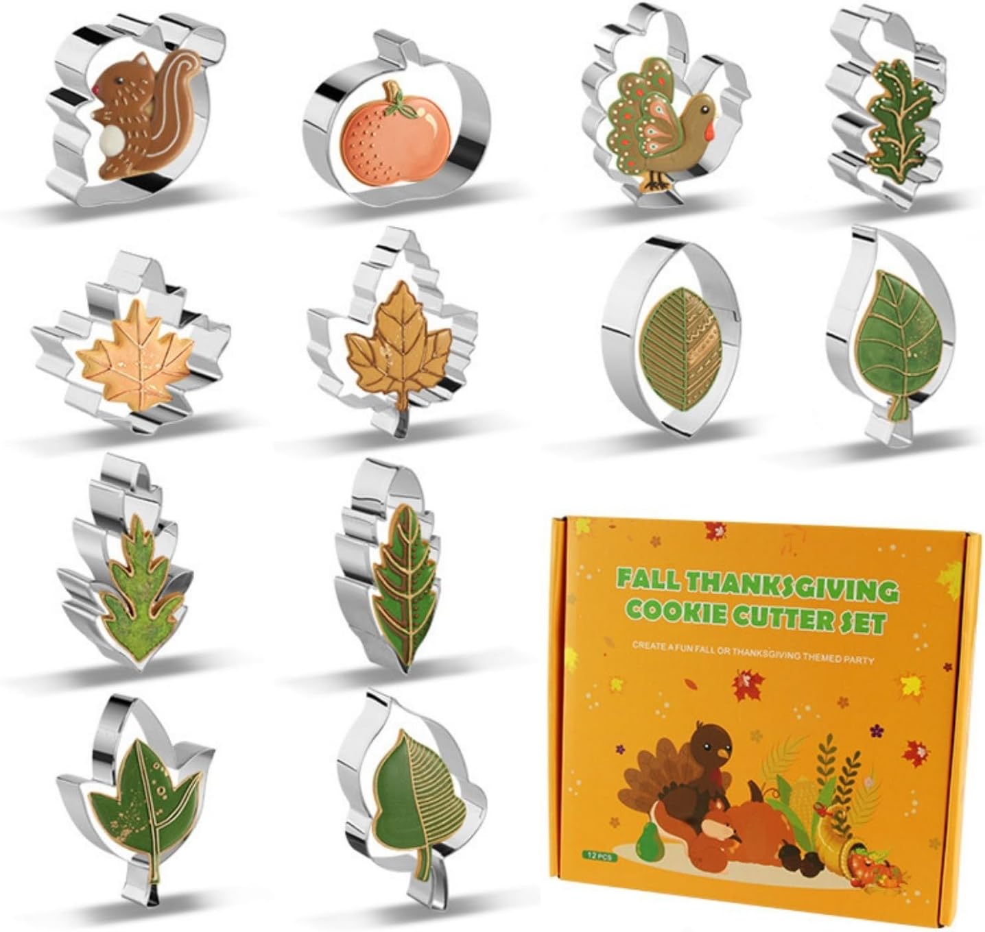 Crethinkaty Fall Thanksgiving Cookie Cutter Set - 12 Pieces - Pine Tree, Pumpkin, Turkey, Maple Leaf, Oak Leaf, Different Shapes Cookie Cutter