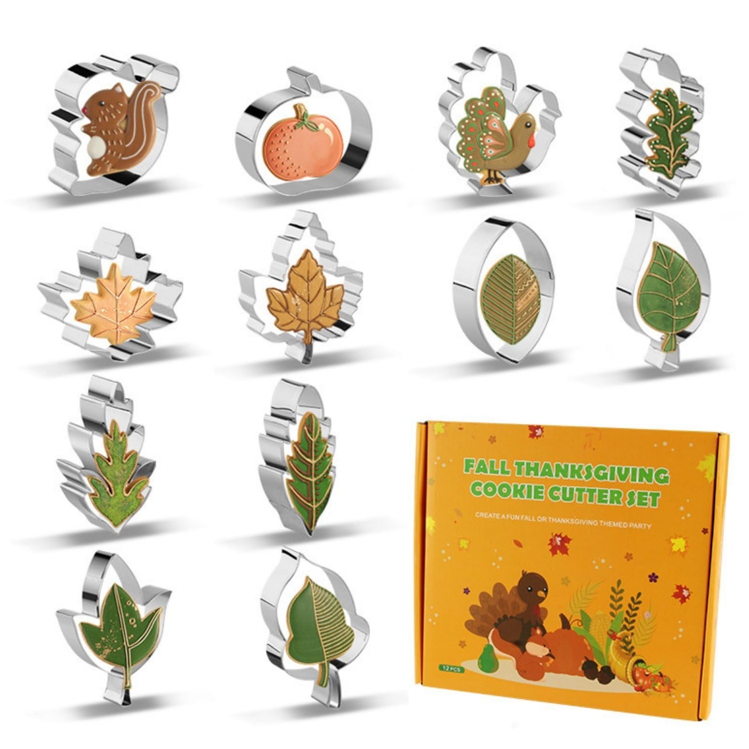 Crethinkaty Fall Thanksgiving Cookie Cutter Set - 12 Pieces - Pine Tree, Pumpkin, Turkey, Maple Leaf, Oak Leaf, Different Shapes Cookie Cutter