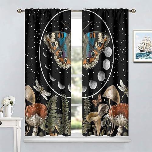 Miniatura 9 de Cortinas de mariposa y polilla floral para niños y niñas, estilo bohemio, flores silvestres, fase lunar, botánicas, retro, cielo estrellado,