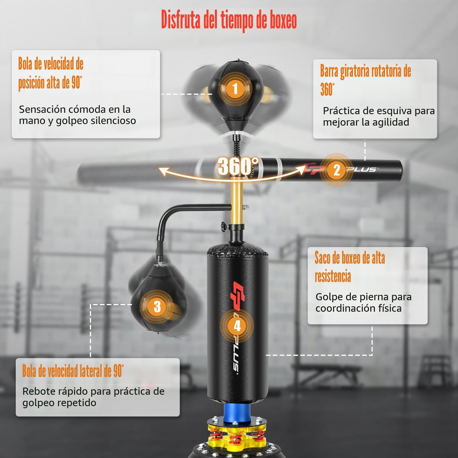 GOPLUS Saco de Boxeo de Pie Profesional, Entrenador de Velocidad de Boxeo con Soporte, 2 Peras de Velocidad, Barra Giratoria, Equipo de Fitness de Altura Ajustable, Base Rellenable para Adulto