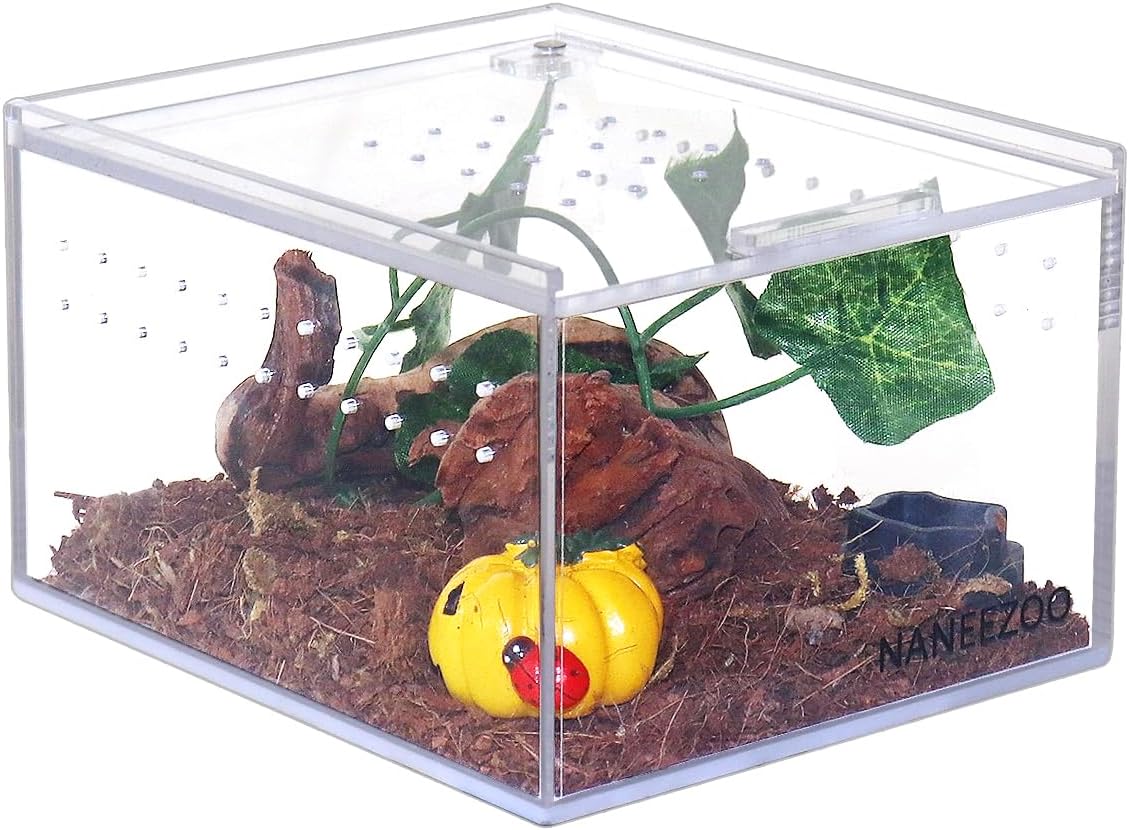 NANEEZOO Acrylic Reptile Breeding Box, 5x4x3 Inch Nano Flat/Long Enclosure Transparent Reptile Breeding Box Terrarium Cage Tank for Tarantula Scorpion Sling Isopods Invertebrates Insect Mantis