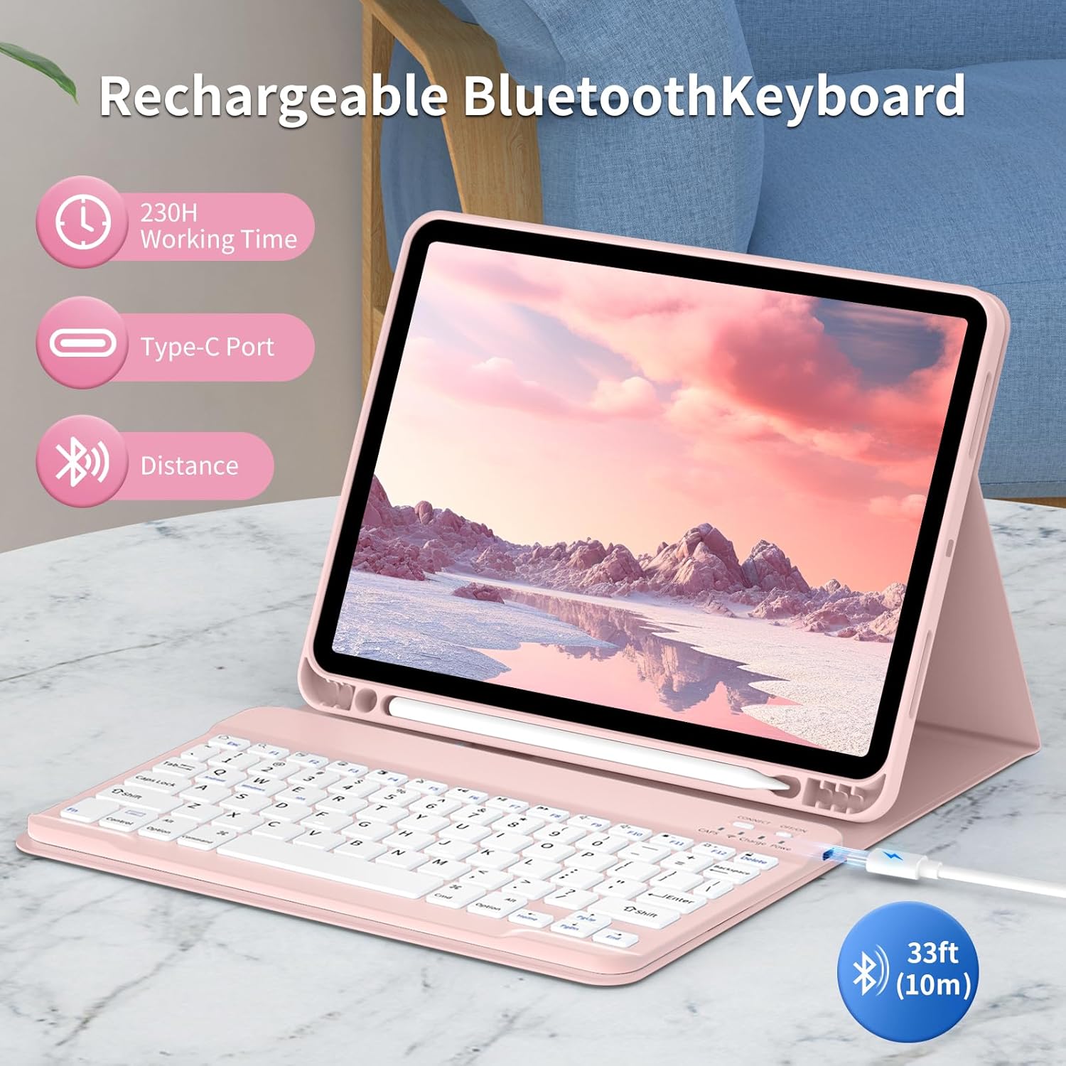Keyboard Case for iPad (A16) 11th Generation 11 Inch 2025, iPad 10th Gen 10.9 Inch 2022, Slim Thin & Light Wireless Detachable Proof Folio Keyboard Cover with Pencil Holder - Pink