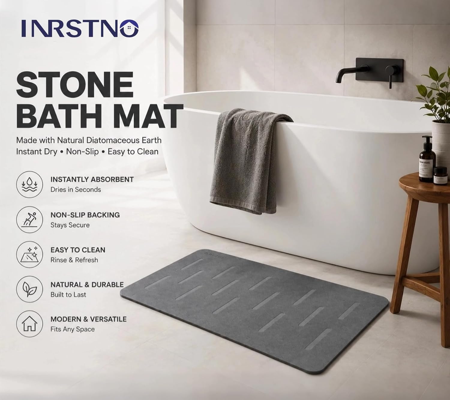 Extra Large Stone Bath Mat for Bathroom, Diatomite Bathmat, 2 Pack | Super Absorbent, Modern Quick Drying Diatomite Bathmats, Non-Slip Base, Easy Clean for Shower Floor & Bathroom (Dark Gray)
