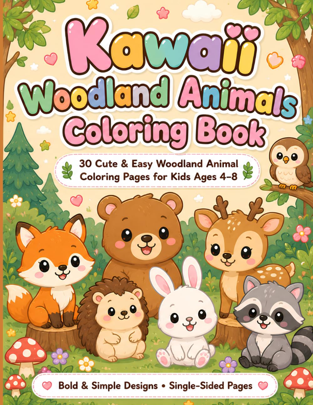 Kawaii Woodland Animals Coloring Book: 30 Cute & Easy Woodland Animal Coloring Pages for Kids Ages 4–8