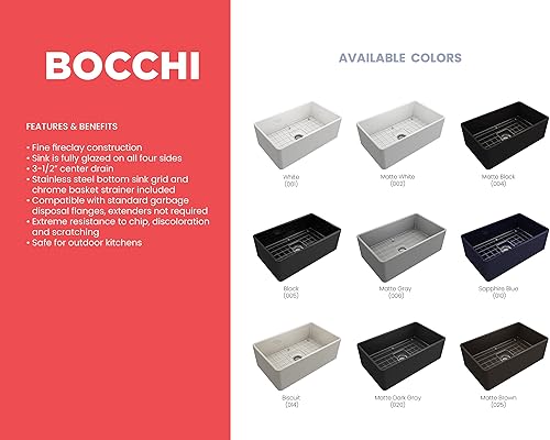 Miniatura 316 de BOCCHI Classico Farmhouse Delantal de arcilla refractaria delantera de 20 pulgadas. Fregadero de cocina de un solo tazón con rejilla inferior Café
