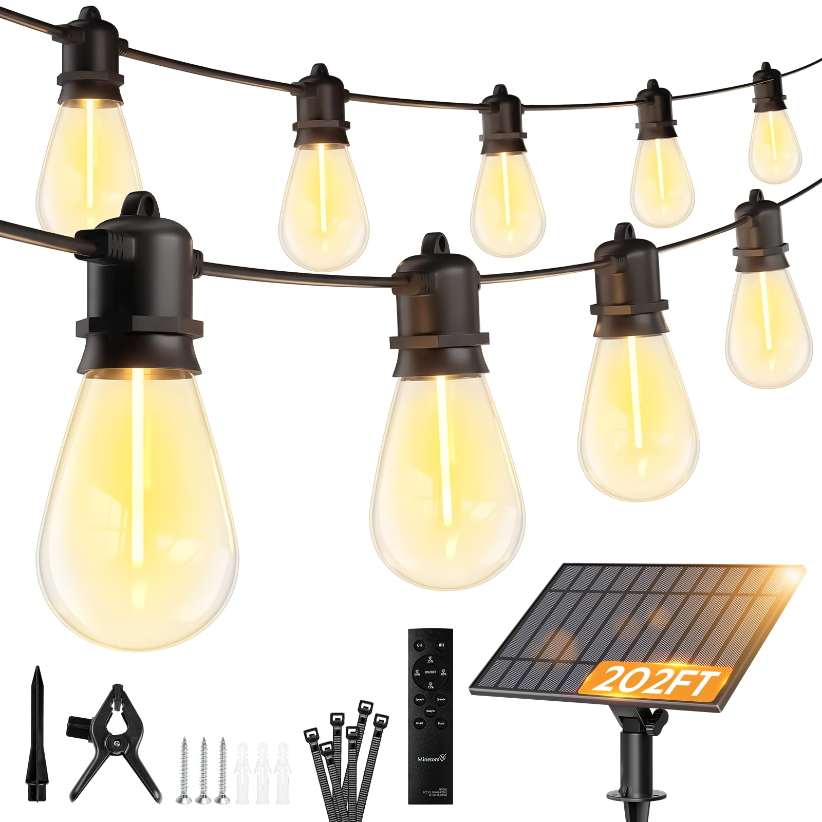 Photo 1 of ***HAS MINOR HEAT DAMAGE TO BULBS*** Minetom 202FT Solar String Lights Outdoor Waterproof, 65 LED S14 Shatterproof Bulb, Patio Lights with Remote Type-C Port Timable, 3 Light Modes Dimmable Solar String Lights for Outside, Yard, Camping