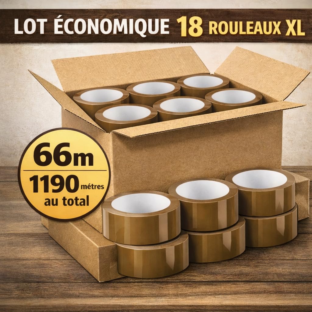 Générique Ruban Adhésif Emballage Marron 50 mm x 66 m – Lot de 18 Rouleaux – Adhésif PVC Ultra Résistant 32 Microns – Ruban d’Emballage Transparent pour Cartons, Déménagement, Colis et Expédition