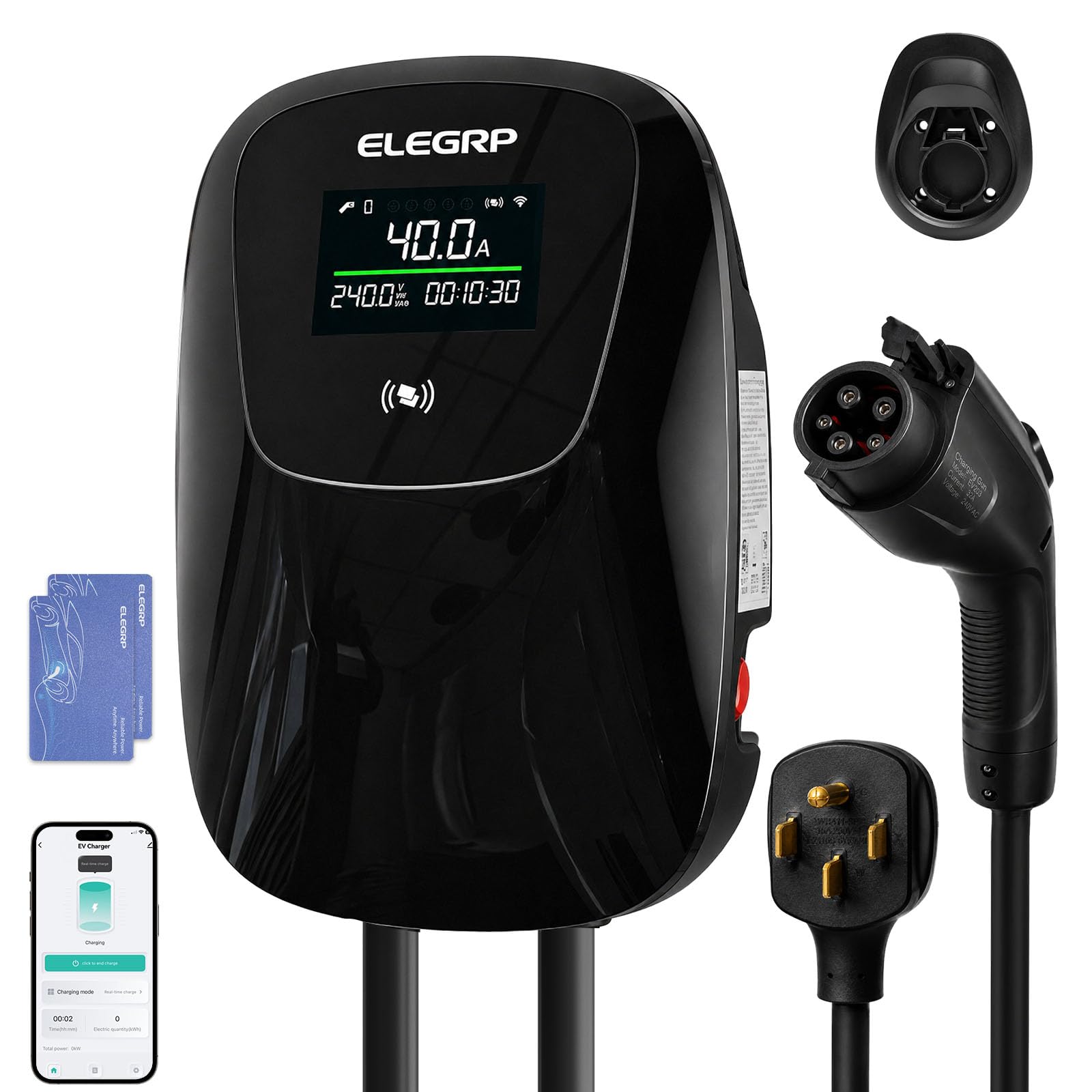 ELEGRP 40A Level 2 EV Charger, 9.6kW, J1772, NEMA 14-50 Plug, 25ft Cable