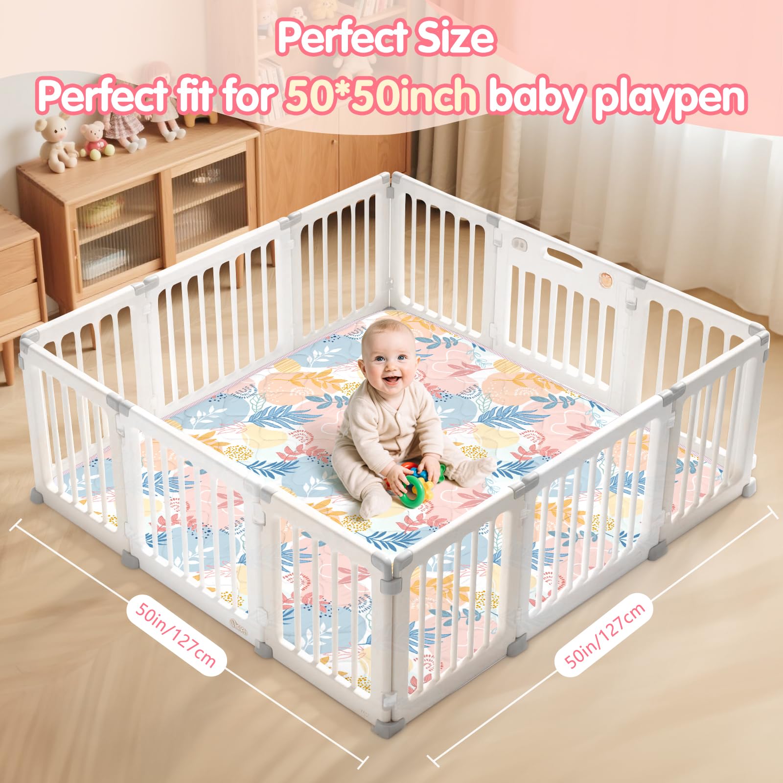 Baby Play Mats for Floor,127x127cm Foldable Playmat,Thick Machine Washable Playpen Mat Pad,Soft Non-Slip Activity Mat for Crawling & Tummy Time,Boho Leaf - Image 2