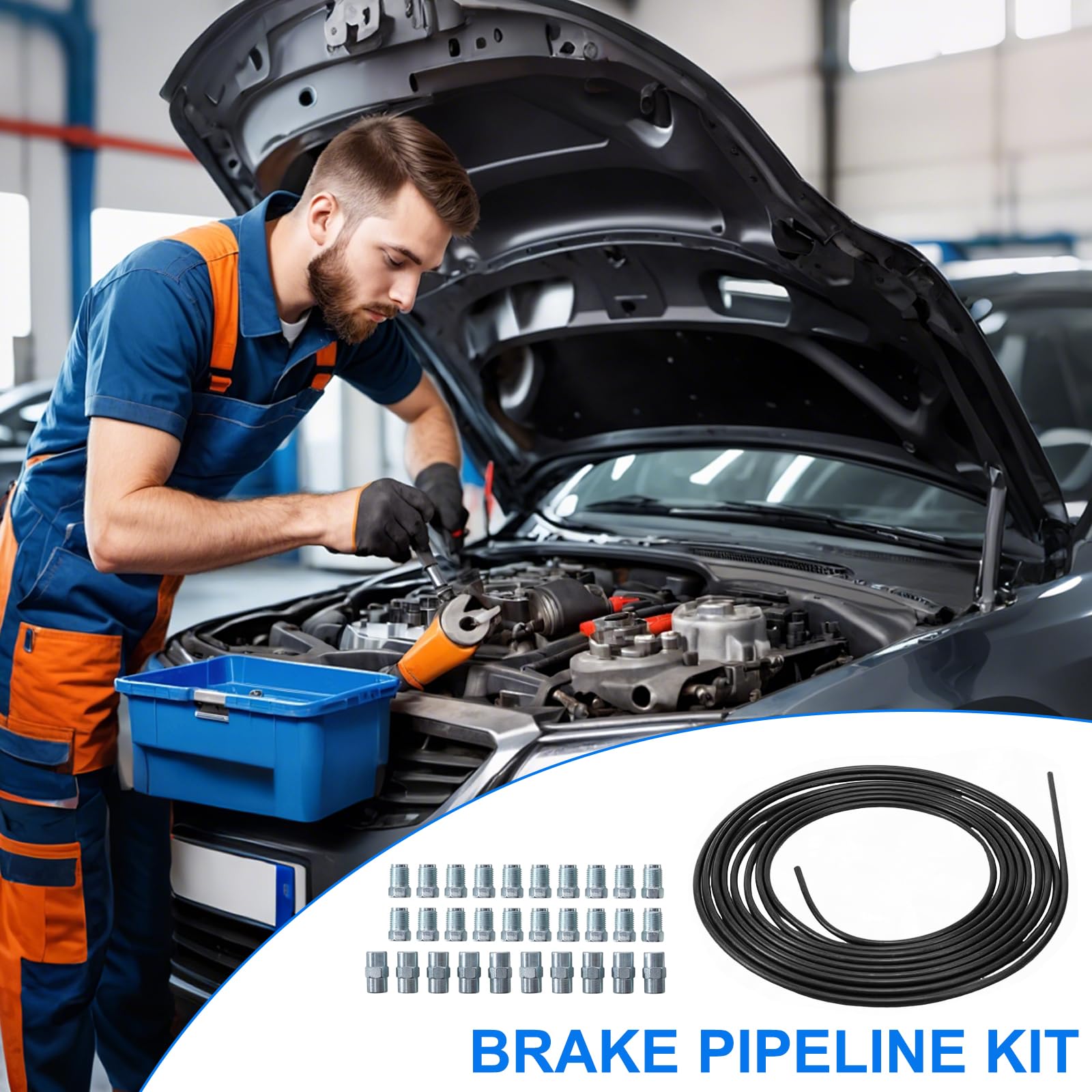 5m Bremsleitung Ø 3/16" (4,75 mm), Kupfer Bremsleitung Set mit 20 Gewindeverbindungen und10 Anschlussklemmen, Verkupfertes Stahl-Bremsrohr für Hydraulische Bremssysteme in Kraftfahrzeugen