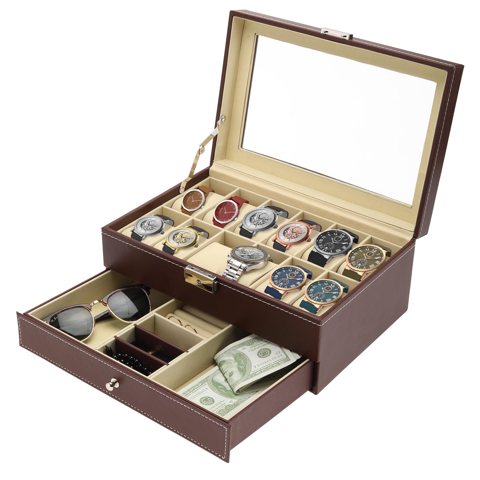 NovelBeeNovelBee 12 Slots Watch Box,Lockable Watch Case with Glass Lid,The second layer Jewelry Storage with 1 Drawer for Rings,Bracelets,Earring Display Organizer