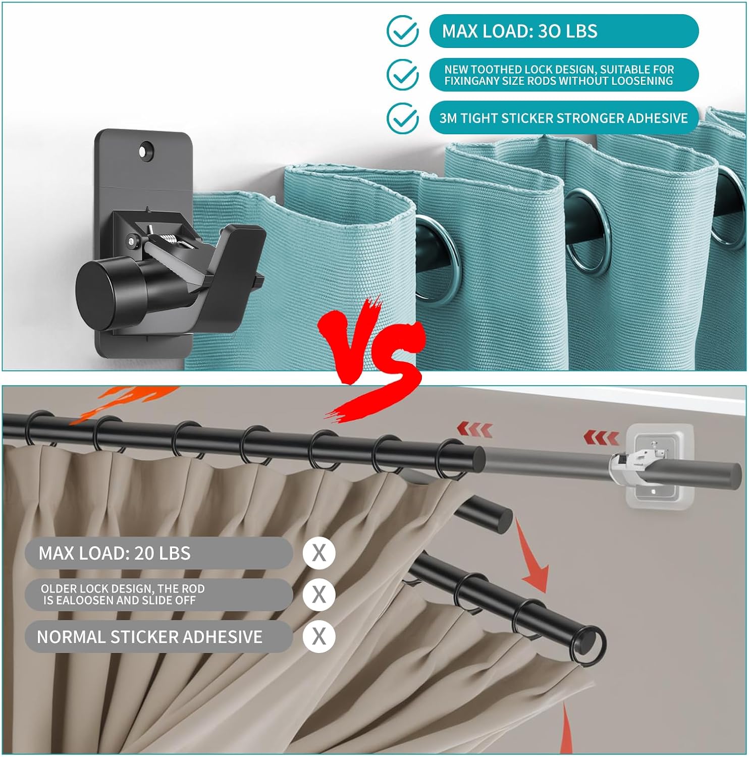4Pcs Adhesive No Drill Curtain Rod Brackets - Heavy Duty 30LB Holders for Bathroom Bedroom Kitchen, Universal Damage-Free Window Rod Hooks with Nail-Free Installation