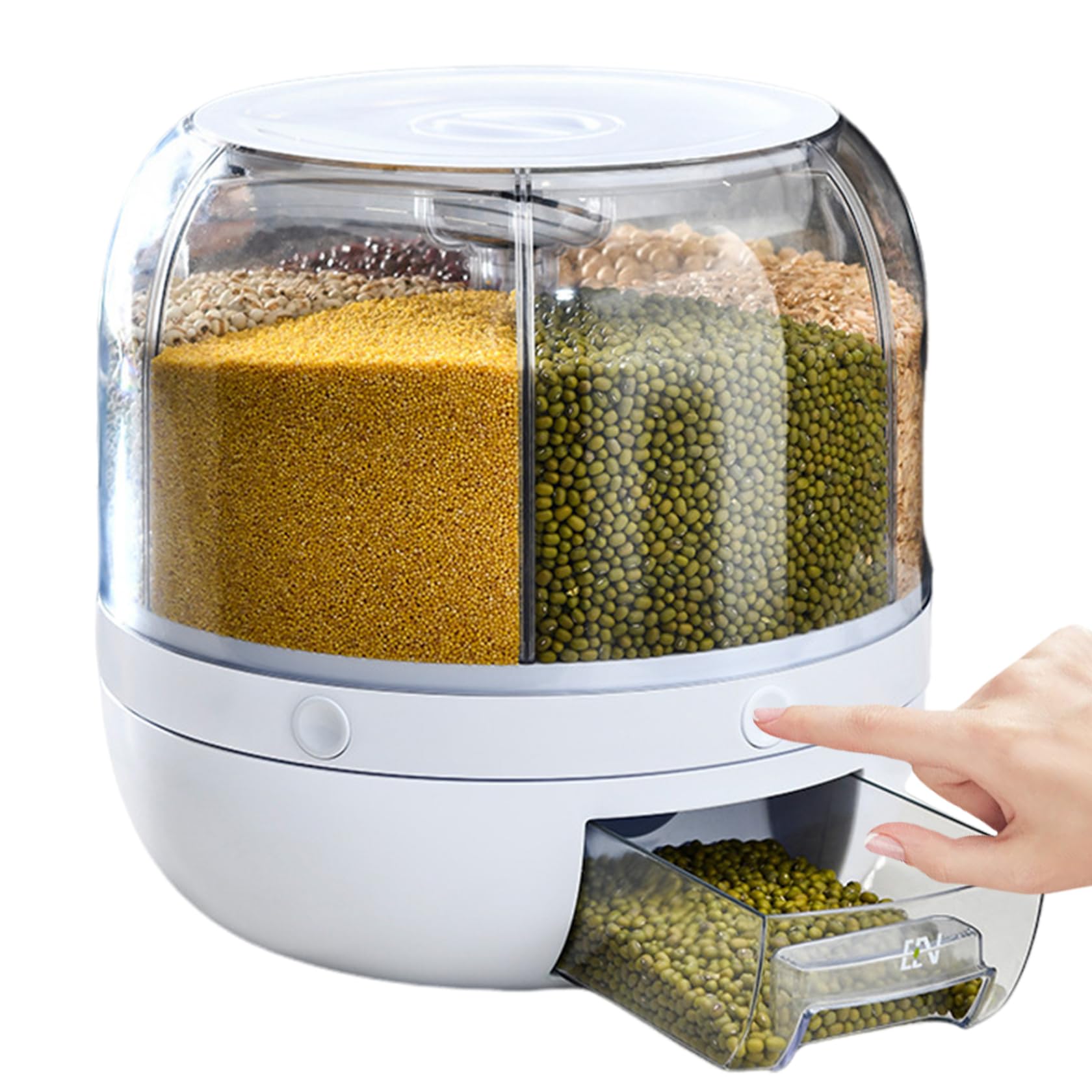 Distributeur de Riz Récipient de Stockage Grains Capacité 6 Grilles Distributeur Céréales Rotatif à 360° avec Couvercle pour Haricots Céréales Blanc, Lentille