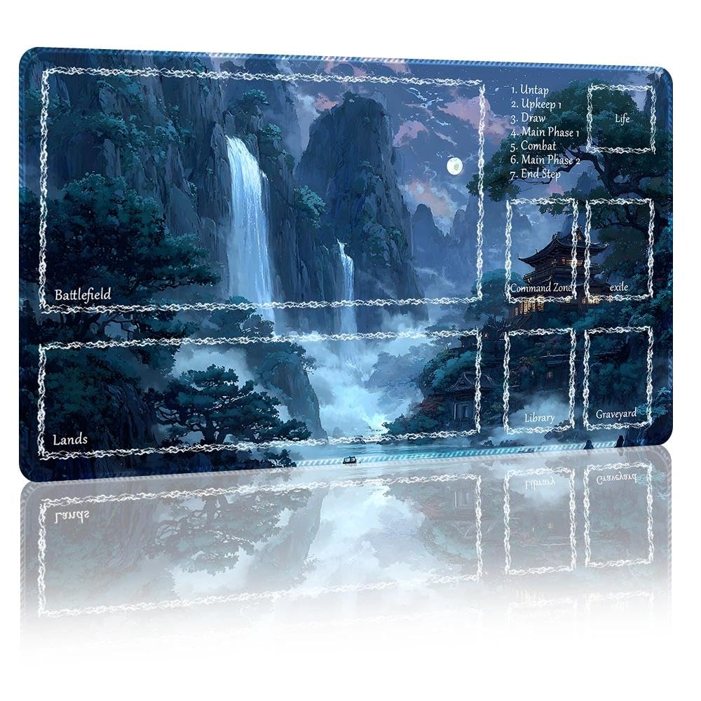 DUNQEO Fantasy Game Mat Compatible with MTG, TCG – 24”x14” Playmat with Stitched Edges for Trading Card Games, Board Games & Desk Use(Mistvale,with Game Zones)