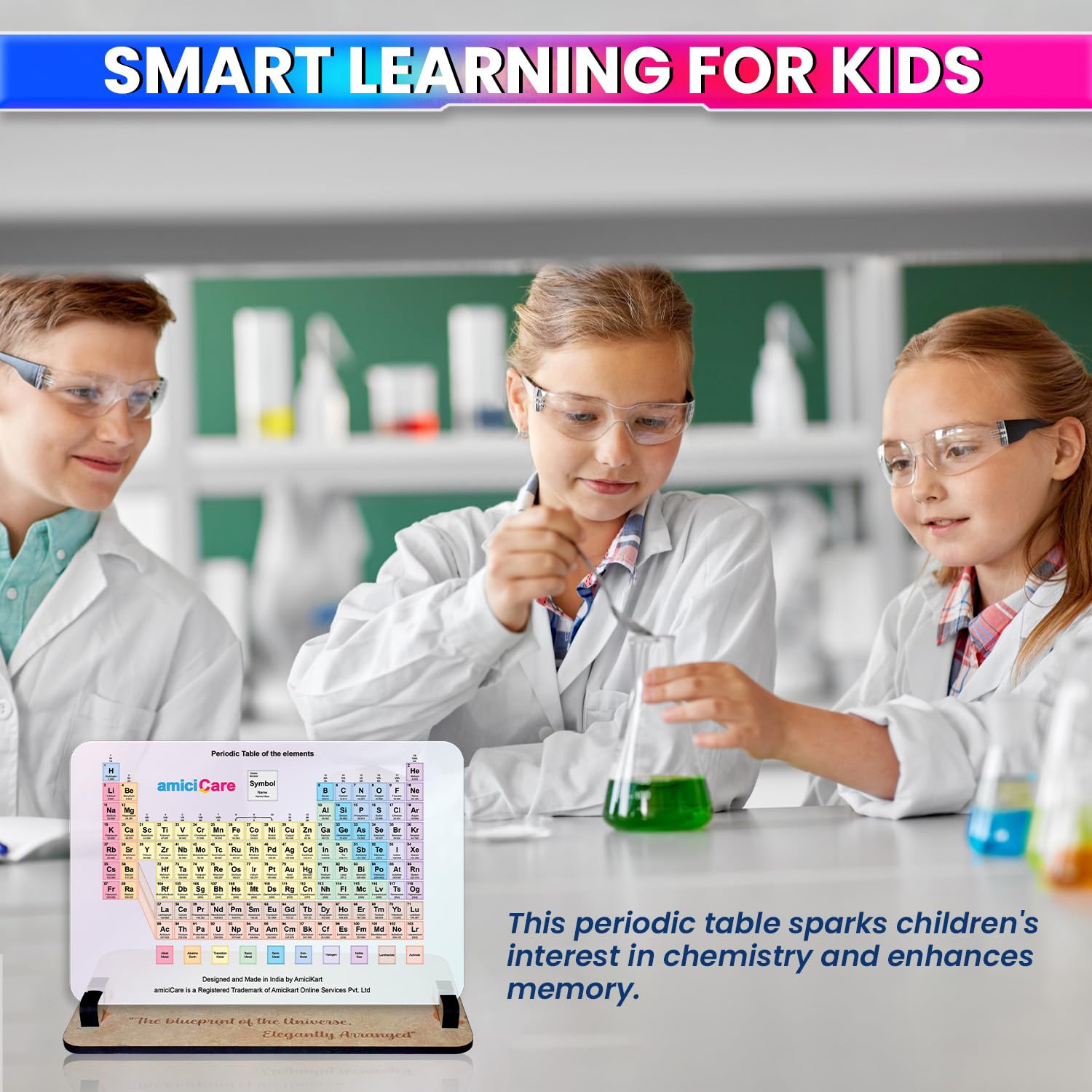 amiciCare Periodic Table Display with Wooden Stand – Elegant Chemistry Smart Learning Tool for Students and Educators, 25x19 cm Science Element Chart 3