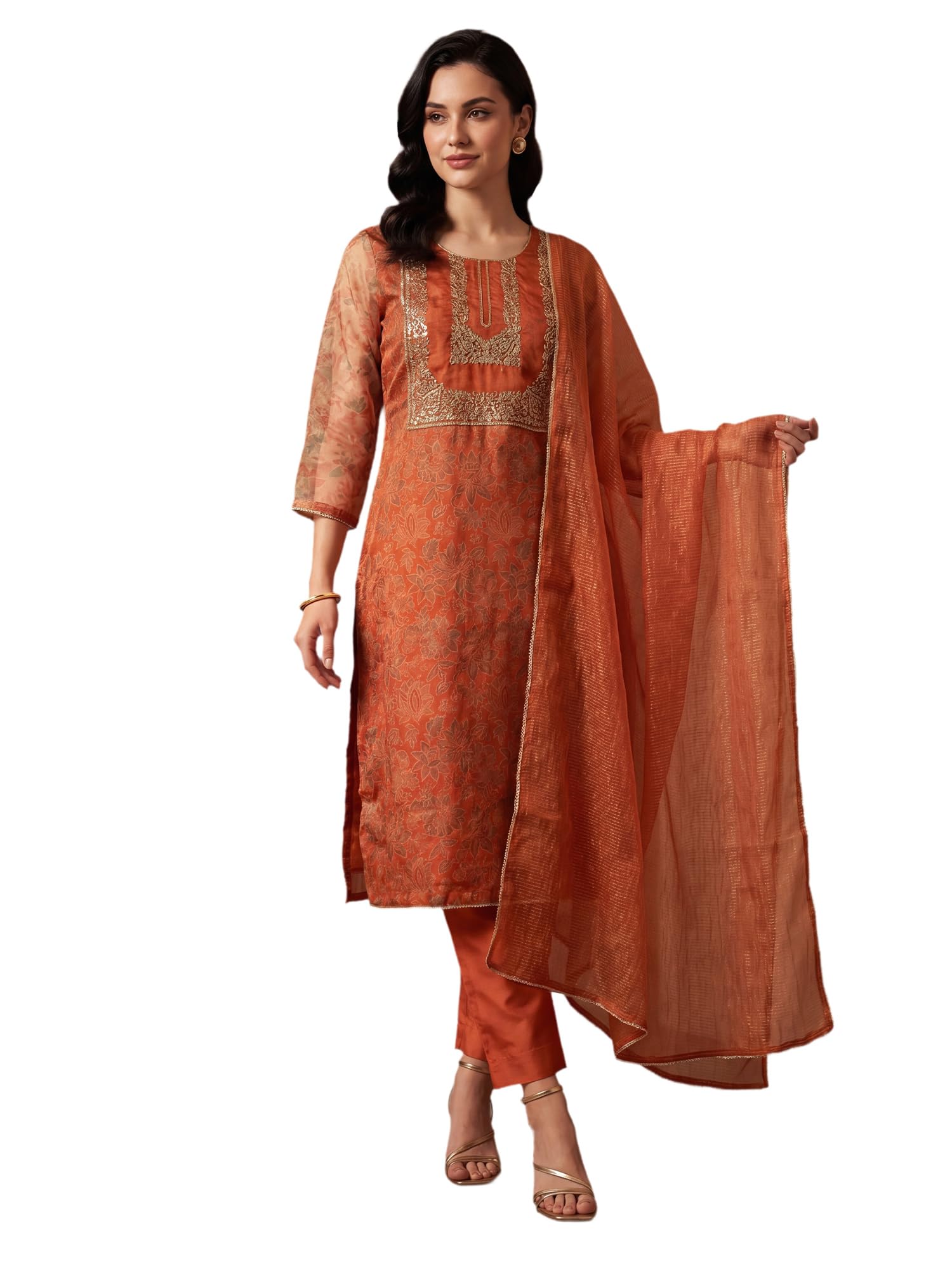 indo era Women's Organza Floral Embroidered Sequinned Kurta & Pant with Dupatta Set | Women Kurta Sets With Dupatta Cotton-picture-49