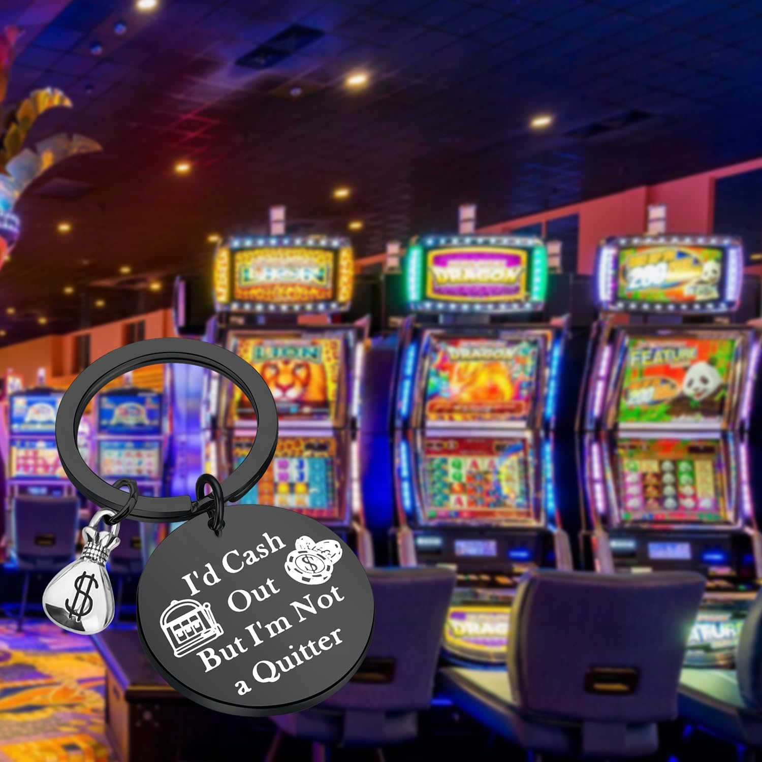 PLITI Casino Gift Slot Machine Keychain Casino Lover Gifts Gambler Gift I'd Cash Out But I'm Not A Quitter Gambling Keyring