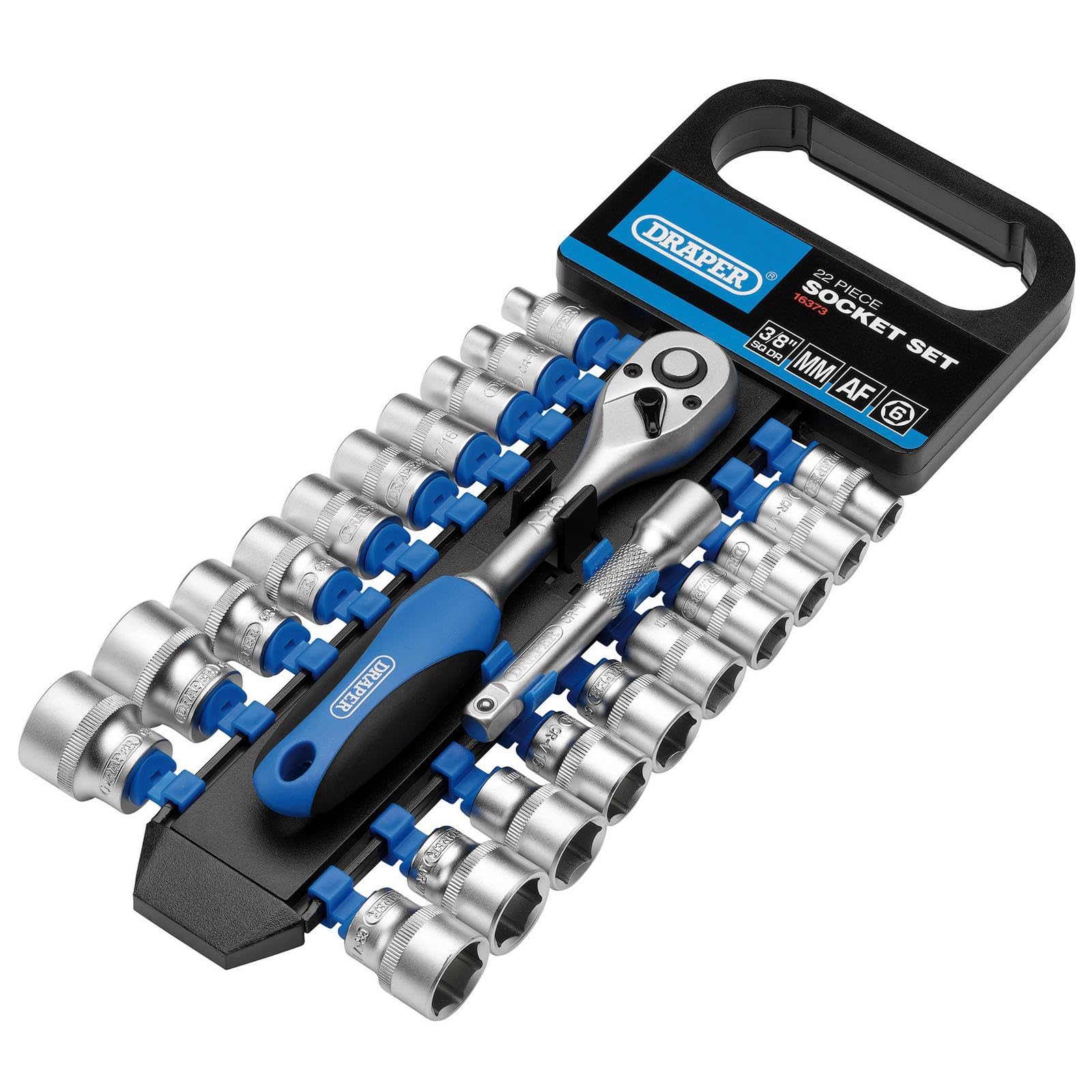 Draper DD22AM/PR Square Combination MM/AF Socket and Ratchet Set, Blue, 3/8-Inch, 22-Piece Set