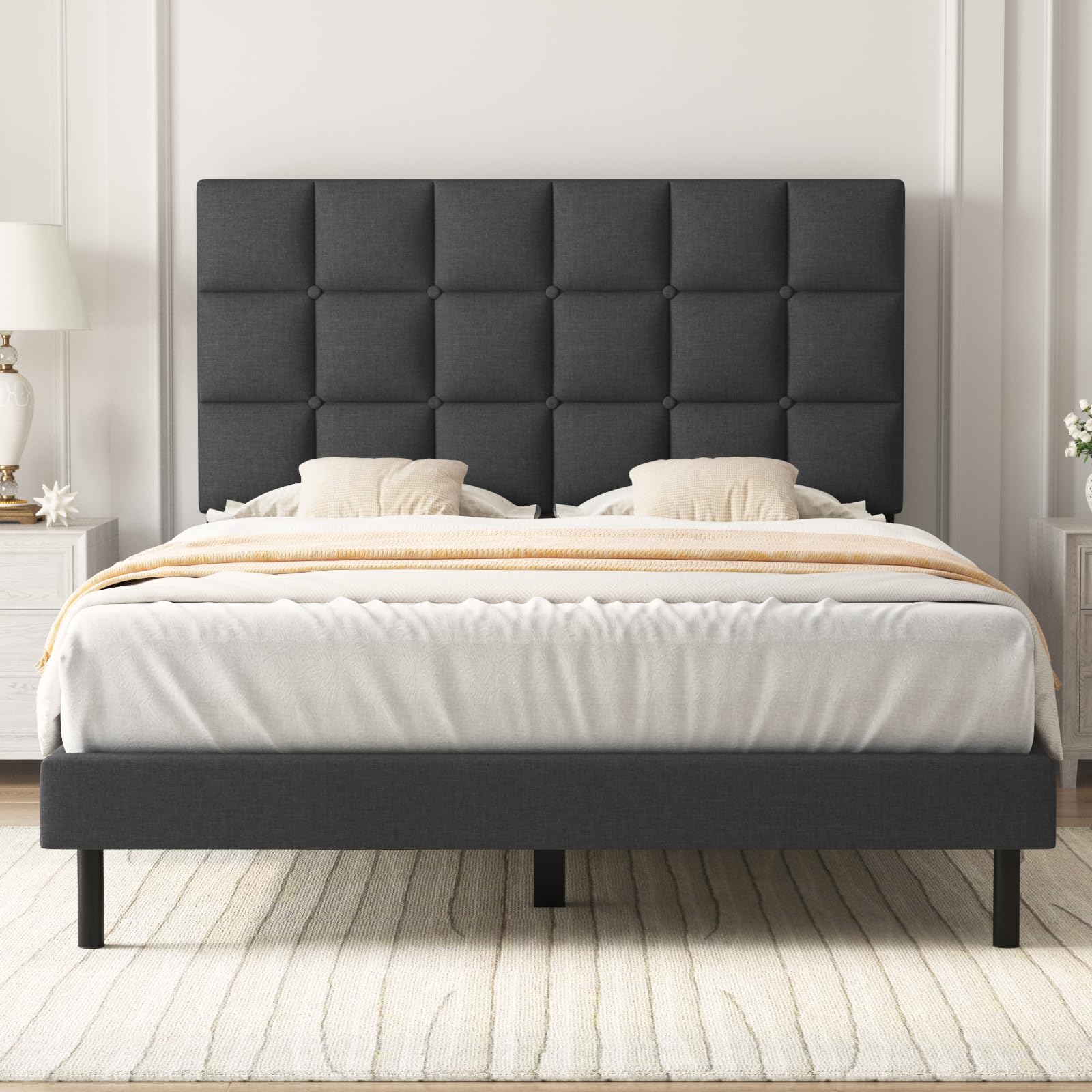 Twolike Kingss Bed Frames with Upholstered Platforms, Foldable Metals Frames & Simplys Tool Assembly, King Bed Frames with Grays Breathable Fabric