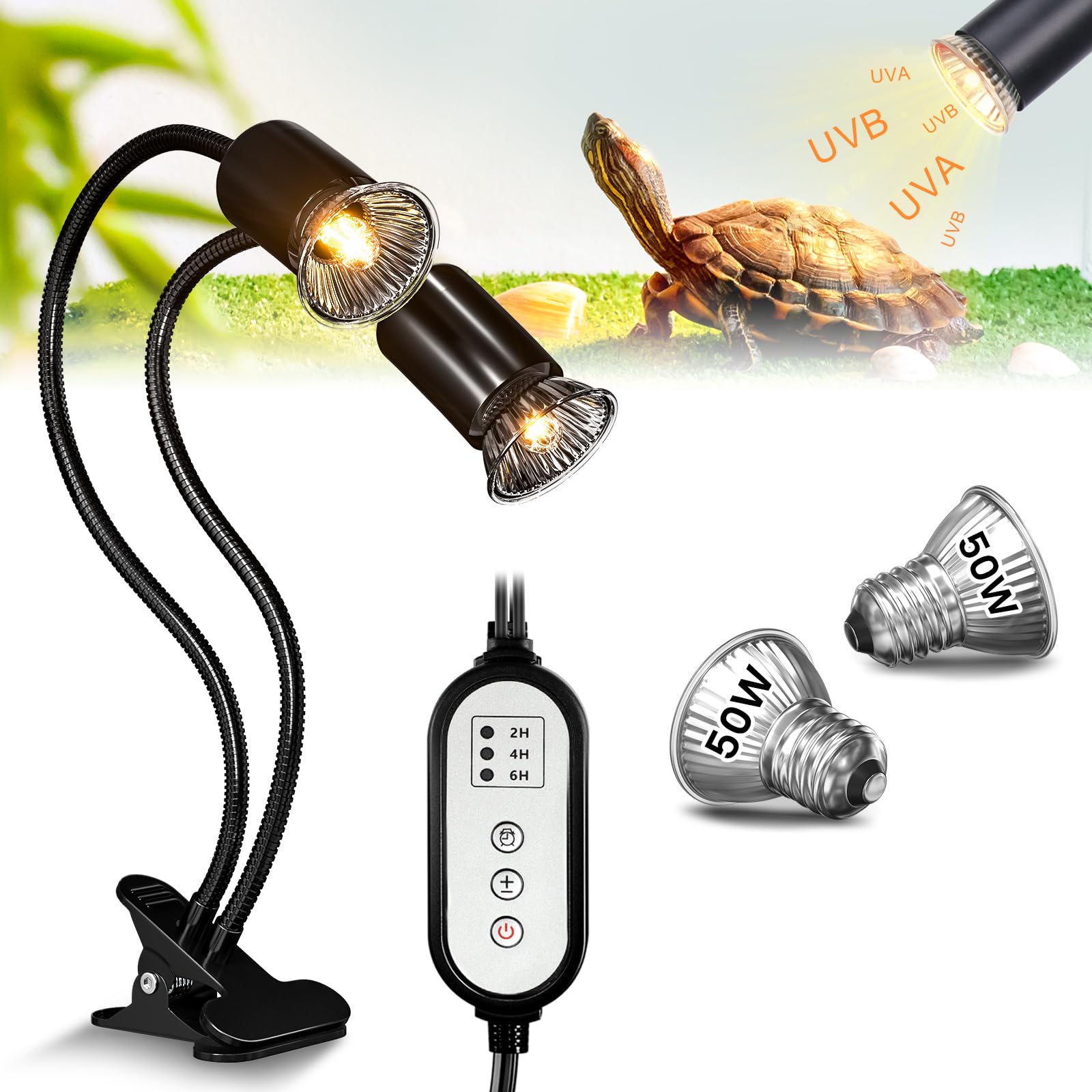 GlowUp Turtle Lampa grzewcza Terrarium, z 2 żarówkami E27, 50 W, UVA/UVB, obracana o 360°, żółwia ziemnego, dla żółwia, węża, jaszczurki, kakadu, kameleona