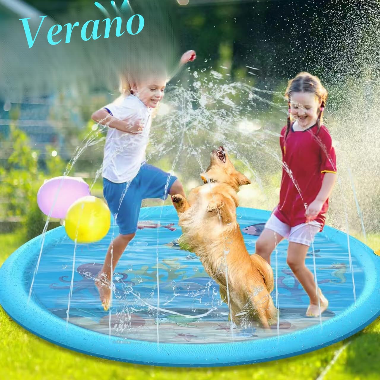 170 cm Splash Pad, Juegos de Agua con Rociadora para Niños y Perros, Antideslizante Alfombra Aspersora para Jardín Playa, Juguete de Verano para Exterior, Niños y Mascotas