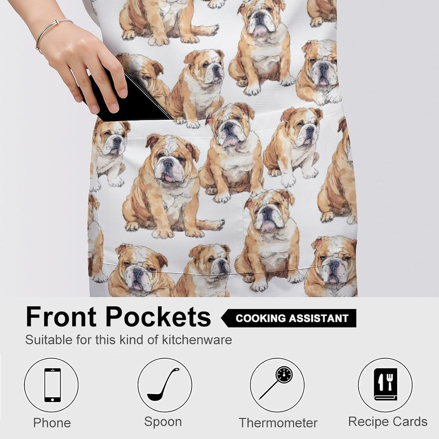 English Bulldog Watercolor Funny Apron Chef Aprons with Pockets for Gardening Cooking Kitchen