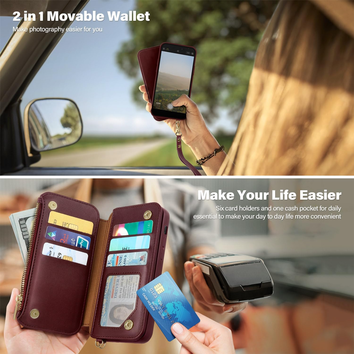 Antsturdy 2 in 1 Detachable for iPhone 14 Plus Wallet case with Magsafe,RFID Blocking Magnetic Wireless Charging PU Leather Phone case Flip Folio Cover Card Holder Wrist Strap Women Men,Wine Red