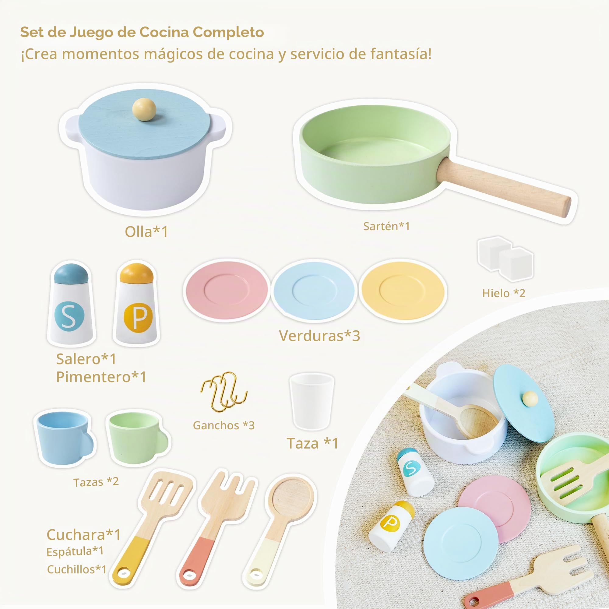 Cocinita de Madera Infantil, Cocina Juguete con Máquina de Hielo, Estufa