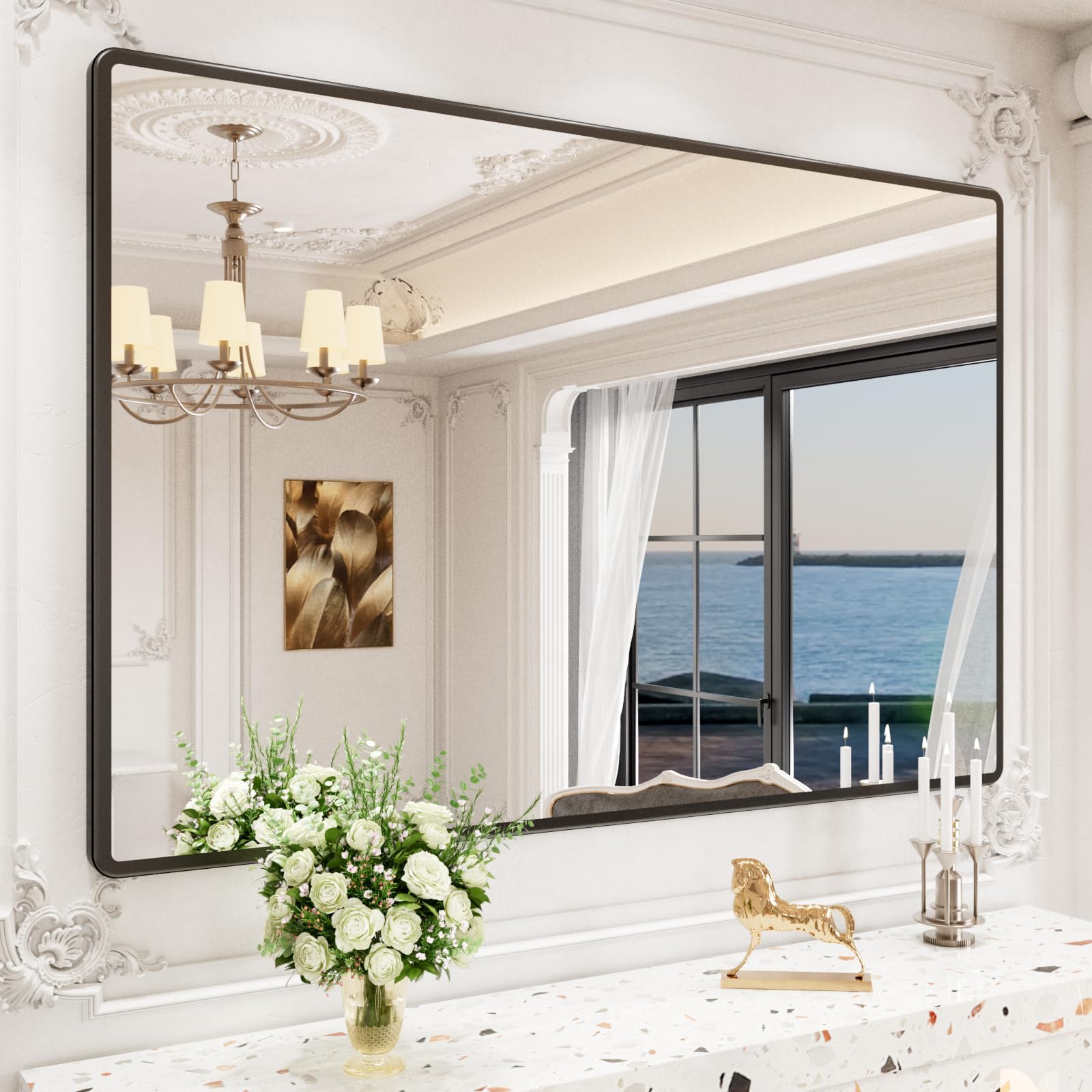 New Upgrade Bathroom Mirror, 60X40 Inch Black Metal Frame Wall Mounted Rounded Rectangle Bathroom Vanity Mirror with Tempered Glass for Washroom Bedroom Living Room