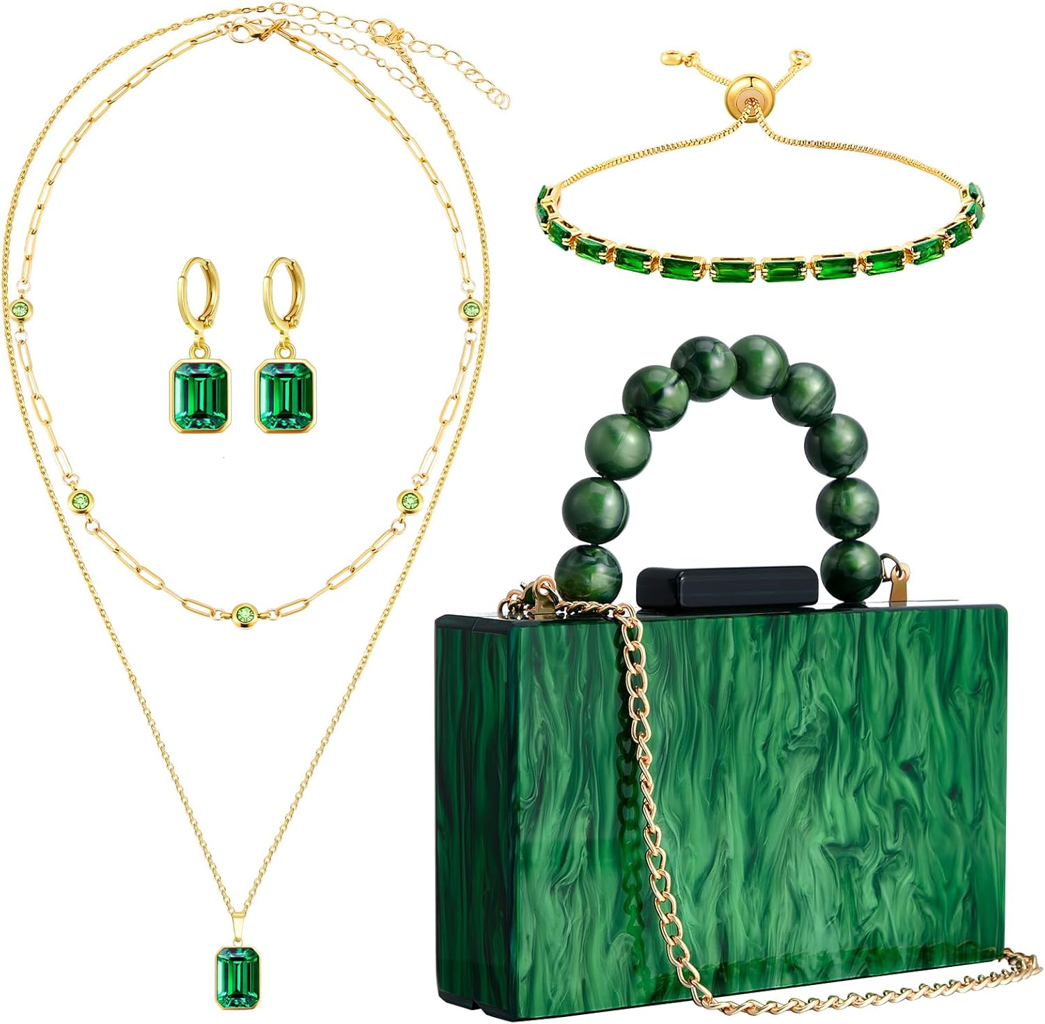 Dansydaisy 4 Pcs Acrylic Clutch Bag for Women Evening Handbag Gold Layered Necklace Bracelet Earrings Set for Wedding Party