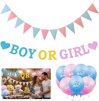 12 Pcs Gender Reveal Decorations Set, Boy or Girl Banner, Pink Blue Balloons and Triangular Bunting Flag, Baby Shower Party Decor for Indoor Outdoor Celebration