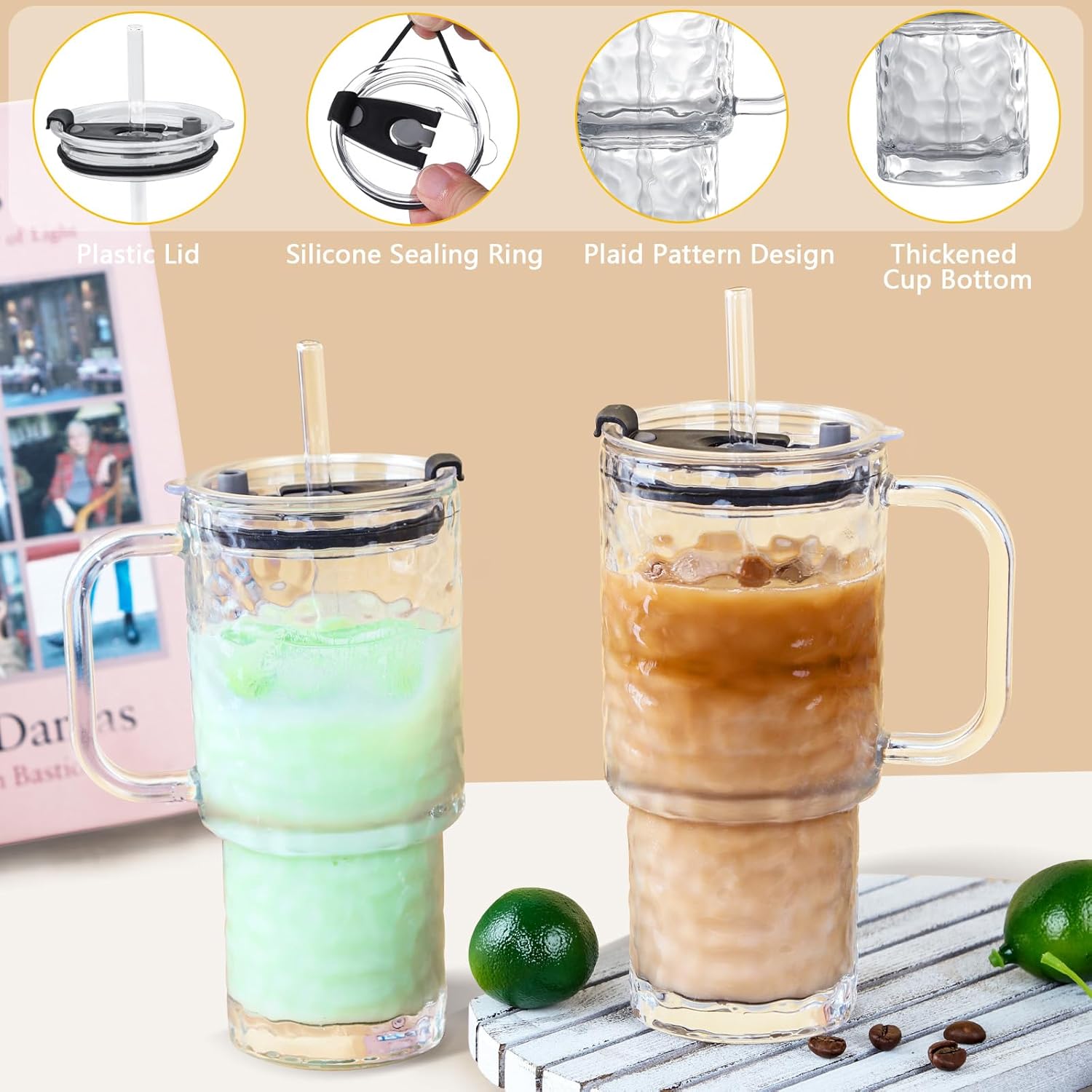 16 Oz Water Ripple Glass Tumbler Cup With Handle, 2 Pack Iced Coffee Cup For Cold/Hot Drinks, Modern Coffee Mug Mason Jar For Smoothies, Juice, Coffee, Tea - Image 4