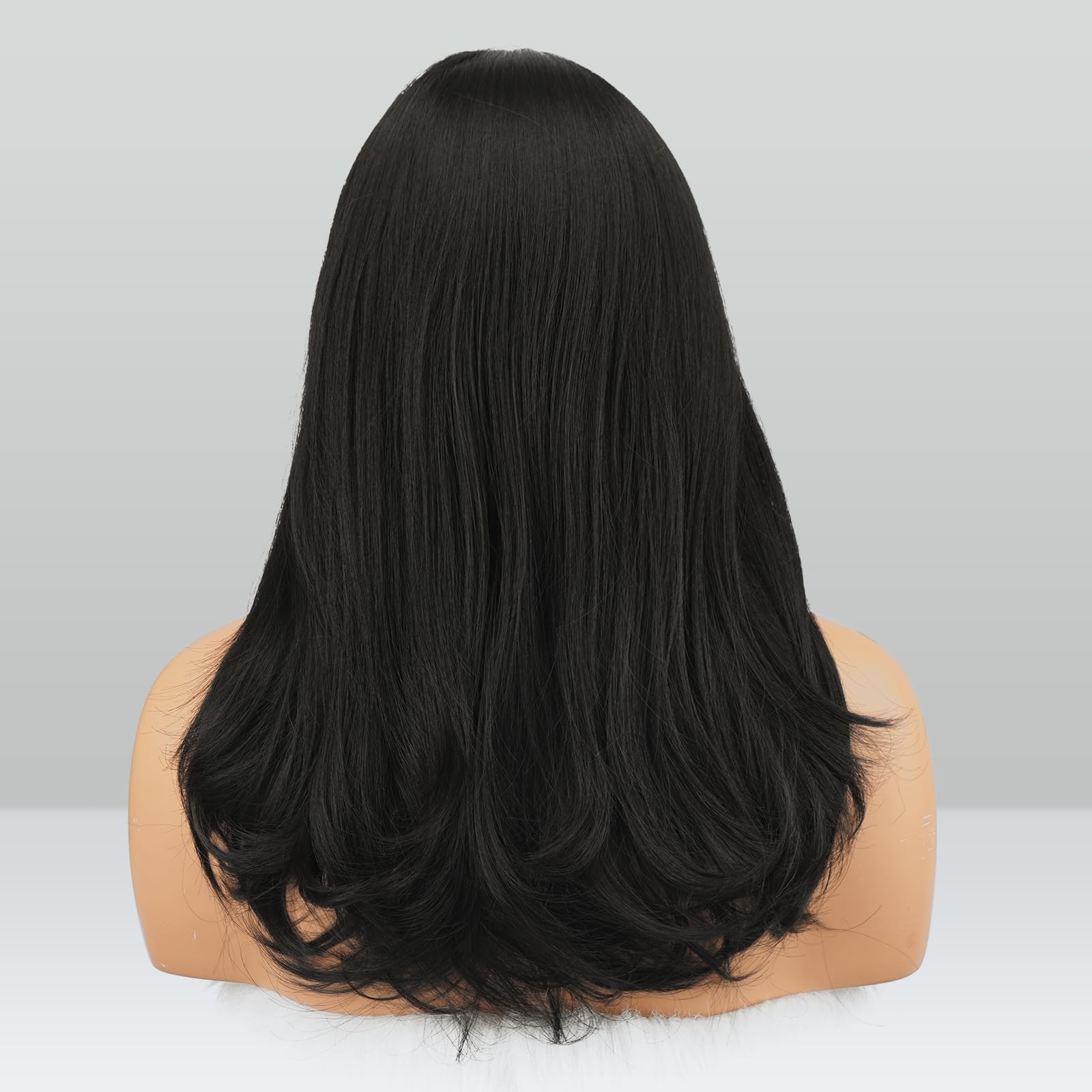 FESHFEN Larga Pelucas con Flequillo, Sintética de Cabello Natural Peluca de Pelo para Mujeres, 45 cm Negro