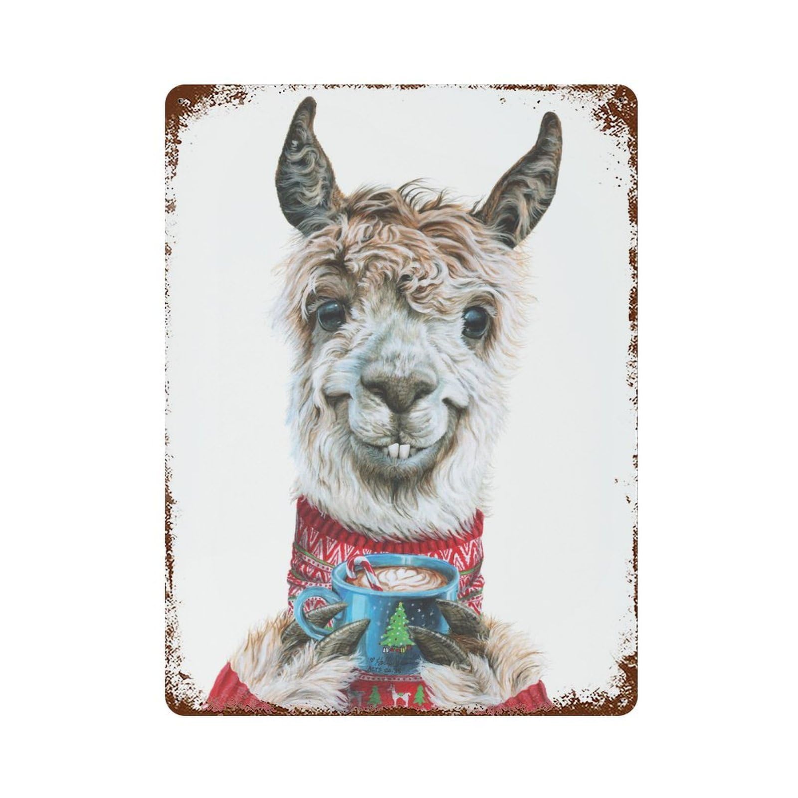 Llama Latte Christmas Rusty Metal Tin Sign 15.7"x11.8", Classic Wall Plaque for Pub, Kitchen And Man Cave Decor