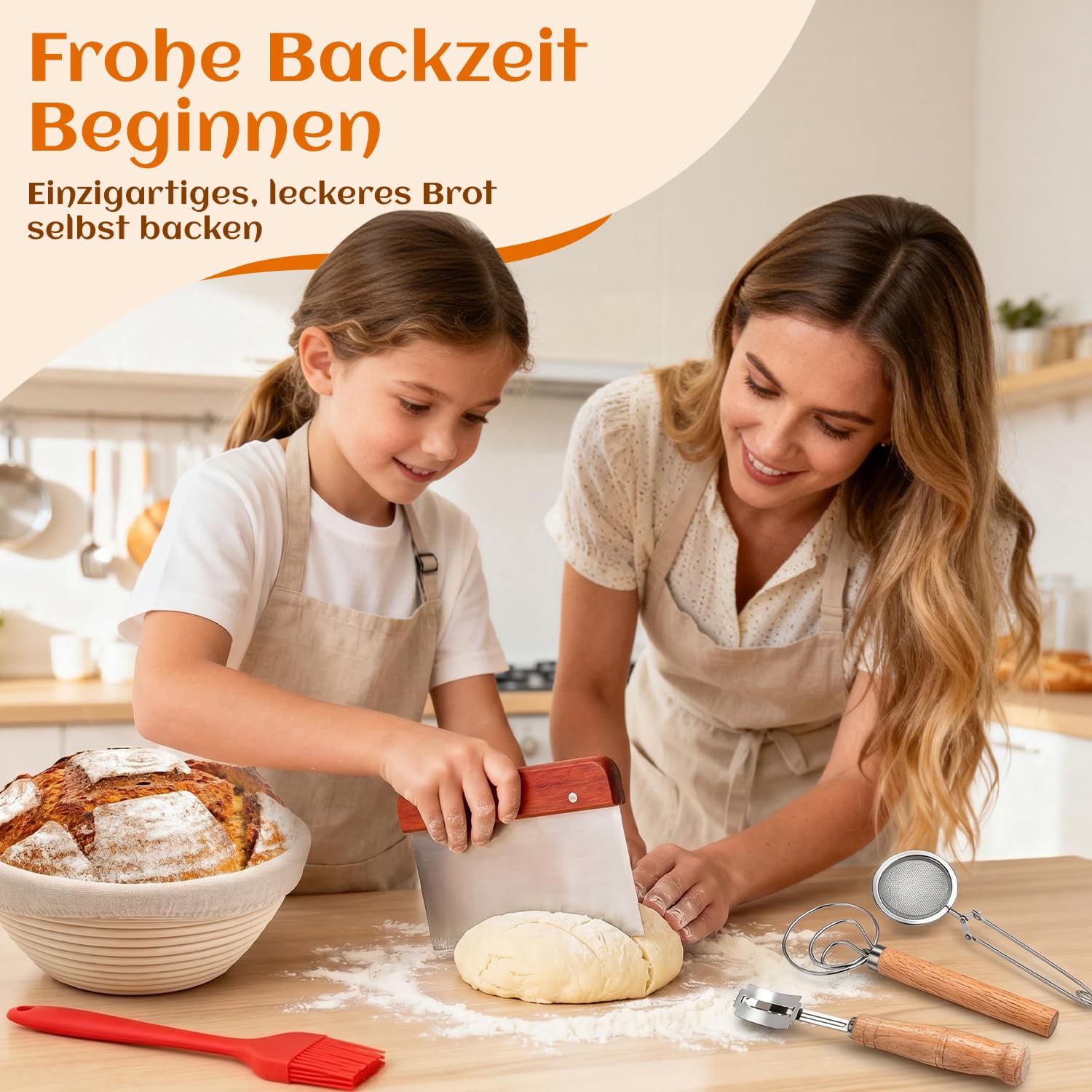 Gärkörbchen Sauerteig Starter Set, 2 Rattan Gärkörbchen (25cm Ovale & 23cm Runde), Sauerteig Glas, Komplett Brot Backen Zubehör Set, Geschenk für Anfänger & Fortgeschrittene Bäcker