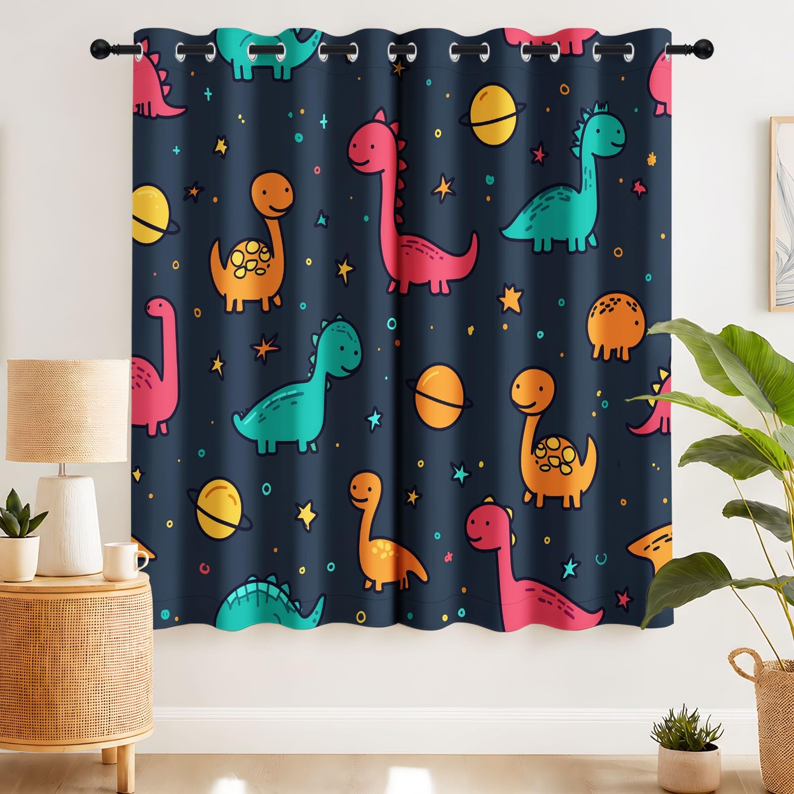 Générique Rideaux en Rideau Occultant Thermiques Rideaux à Oeillets Cartoon Space Dinosaur Planet Galaxy Stars Blue Kids Pattern pour Chambre Salon 2 Panneaux 117 x 229 CM