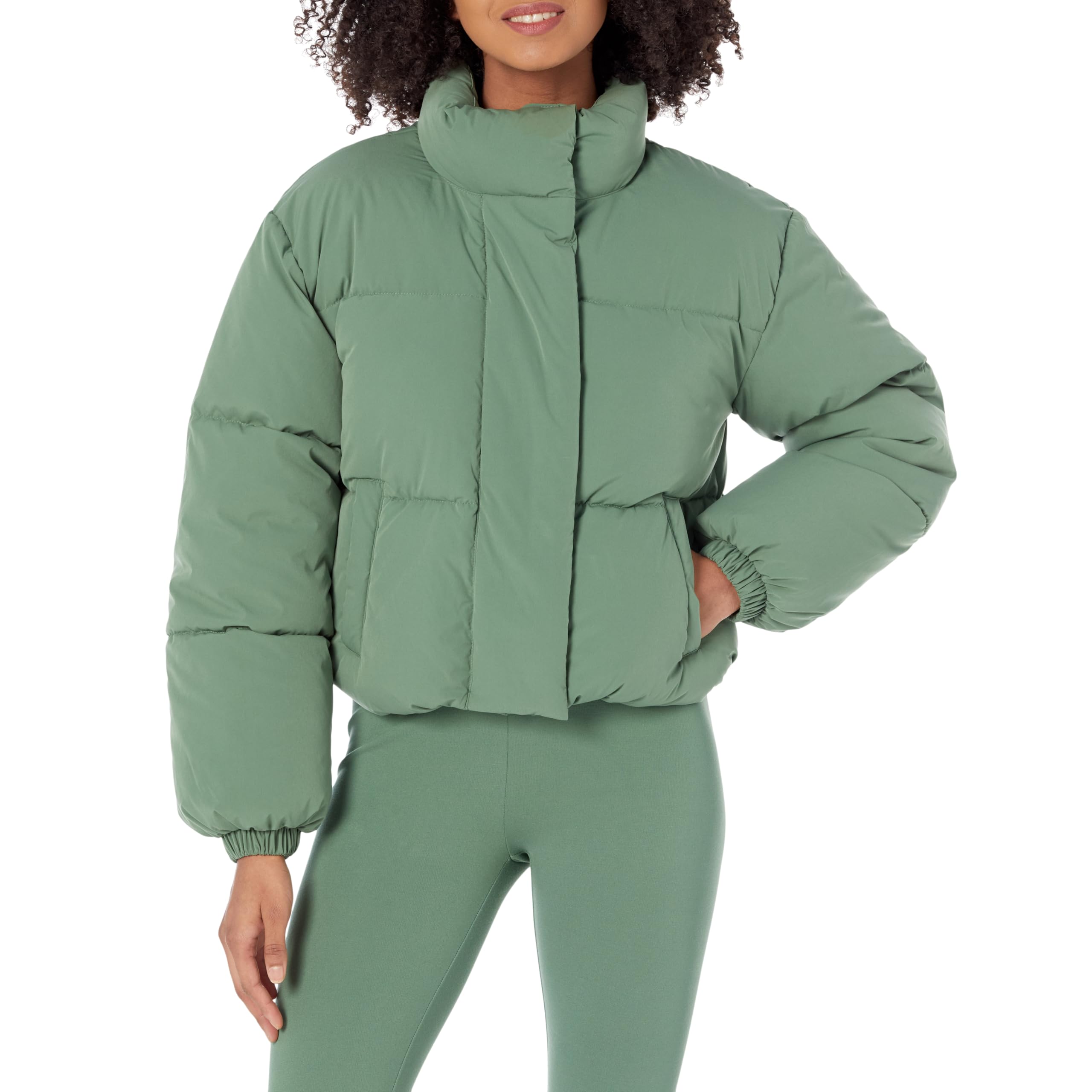 Amazon Essentials Women's Cropped Full-Zip Puffer Jacket, Winter Warm, Stand Collar, Sage Green, Large