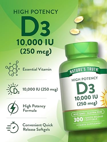 Miniatura 5 de Nature's Truth Vitamina D3 10000 UI cápsulas blandas  300 unidades  Extra fuerte  Suplemento sin OMG y sin gluten