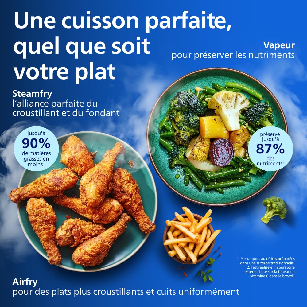 Philips Airfryer Série 5000 - Air Fryer double panier avec cuisson vapeur, 9L, RapidAir, 19 modes de cuisson, jusqu'à 90% de matières grasses en moins, AirSteam, nettoyage vapeur, HomeID (NA550/00)