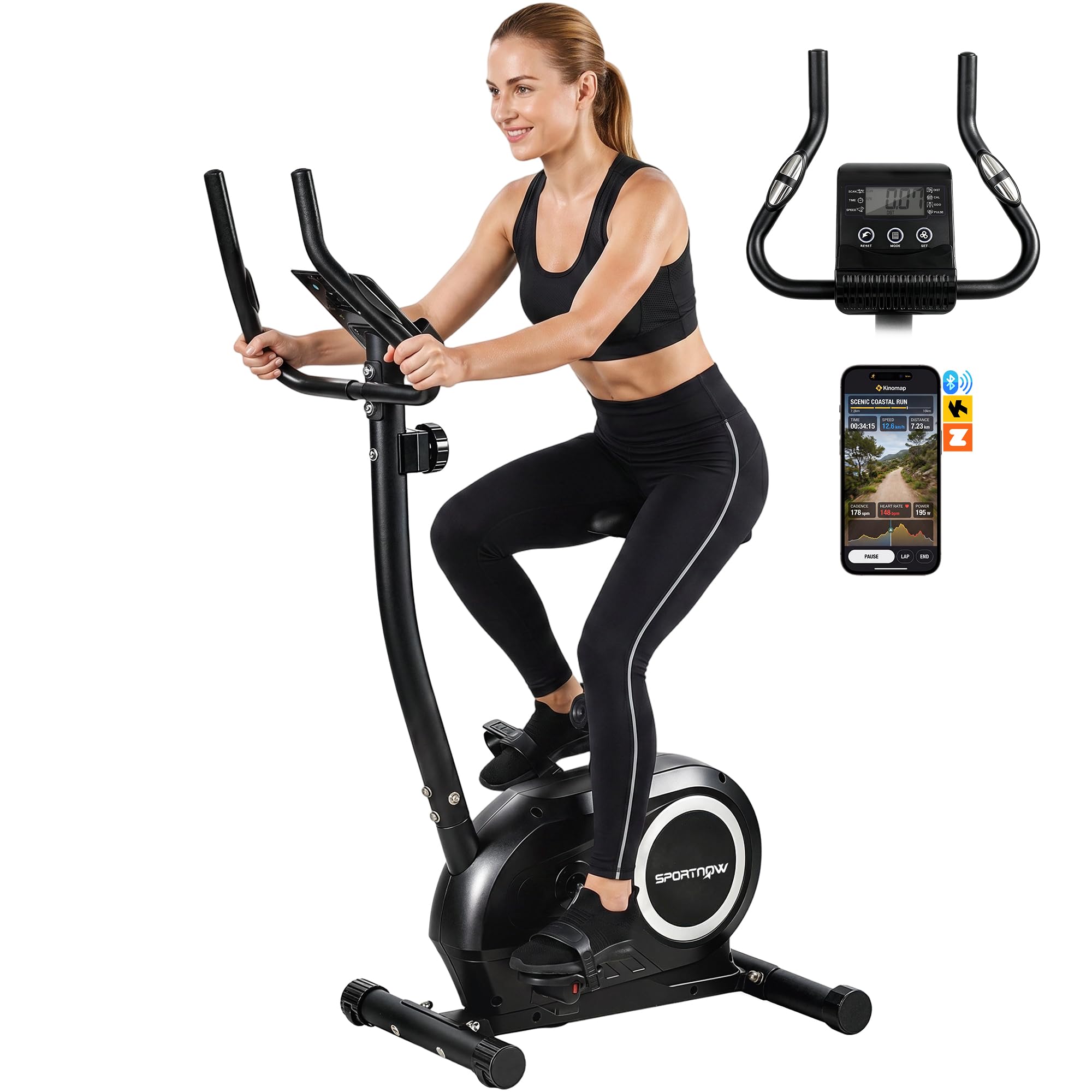 SPORTNOW Cyclette da Casa con 8 Livelli di Resistenza Magnetica, Cyclette da Camera con Bluetooth App, Sedile Regolabile, Schermo LCD, Sensore Cardiaca, Portatelefono, Bici da Casa Allenamento Fitness
