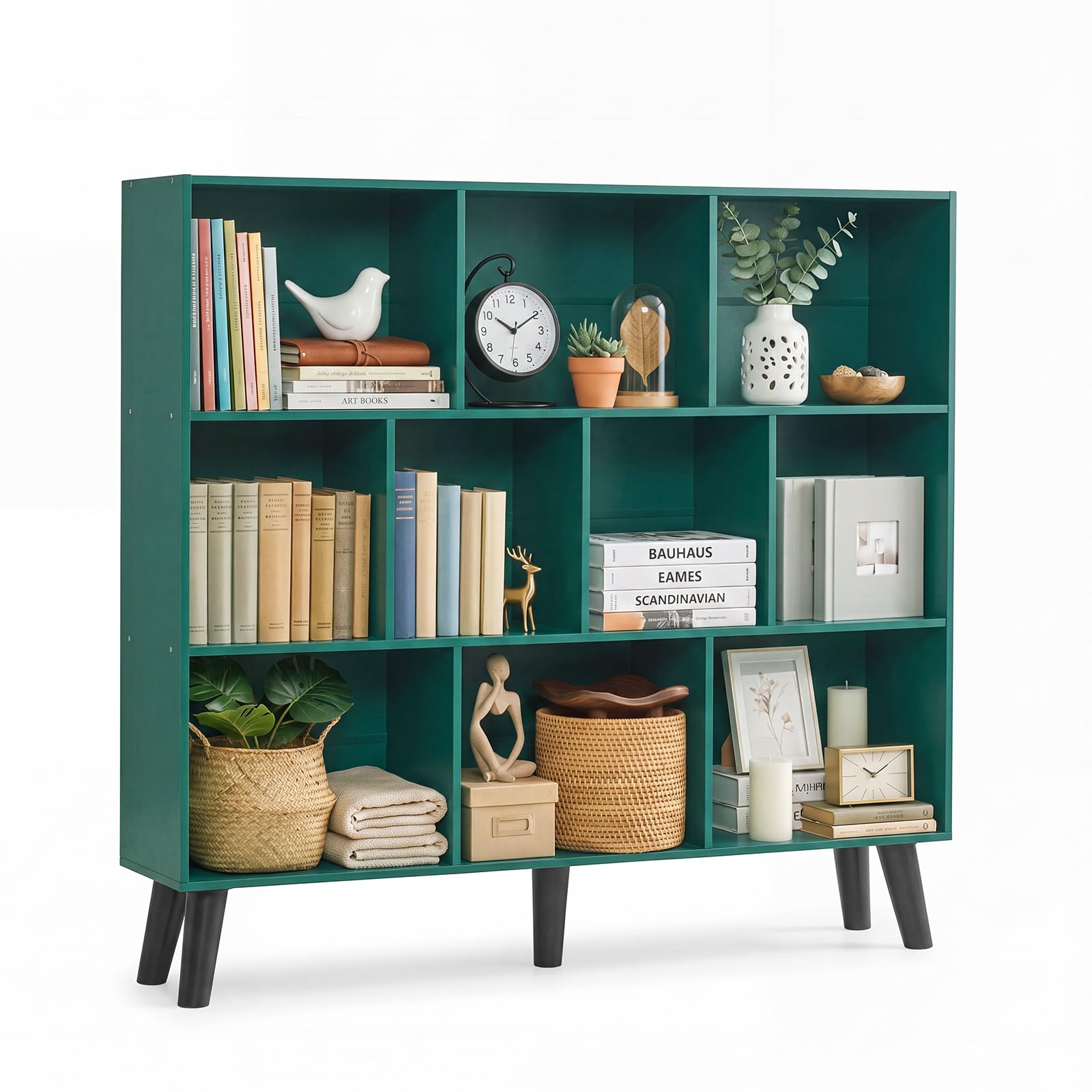 YAHARBO 10 Cube Bookshelf,3 Tier Bookcase with Legs,Dark Green Mid-Century Modern Bookshelves,Large Free Standing Open Storage Organizer Shelf,Tall Wooden Book Case Furniture for Bedroom,Living Room
