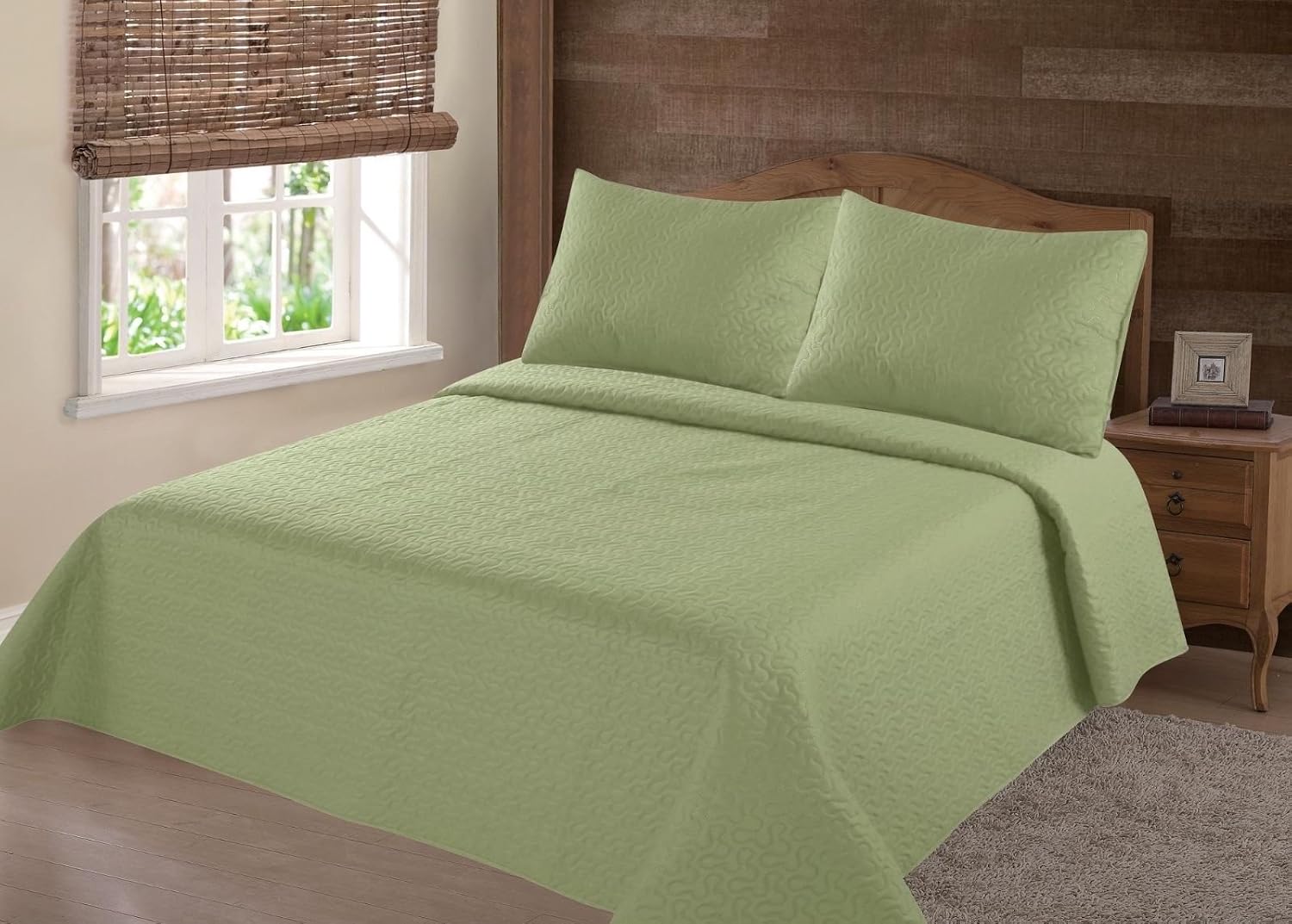 GorgeousHomeLinen (NENA) Sage Green Solid Hypoallergenic Quilt Bedspread Bed Bedding Coverlets Cover Set with Pillow Cases Size inc: Twin (2pc) Full Queen King (3pc) (Full/Queen)