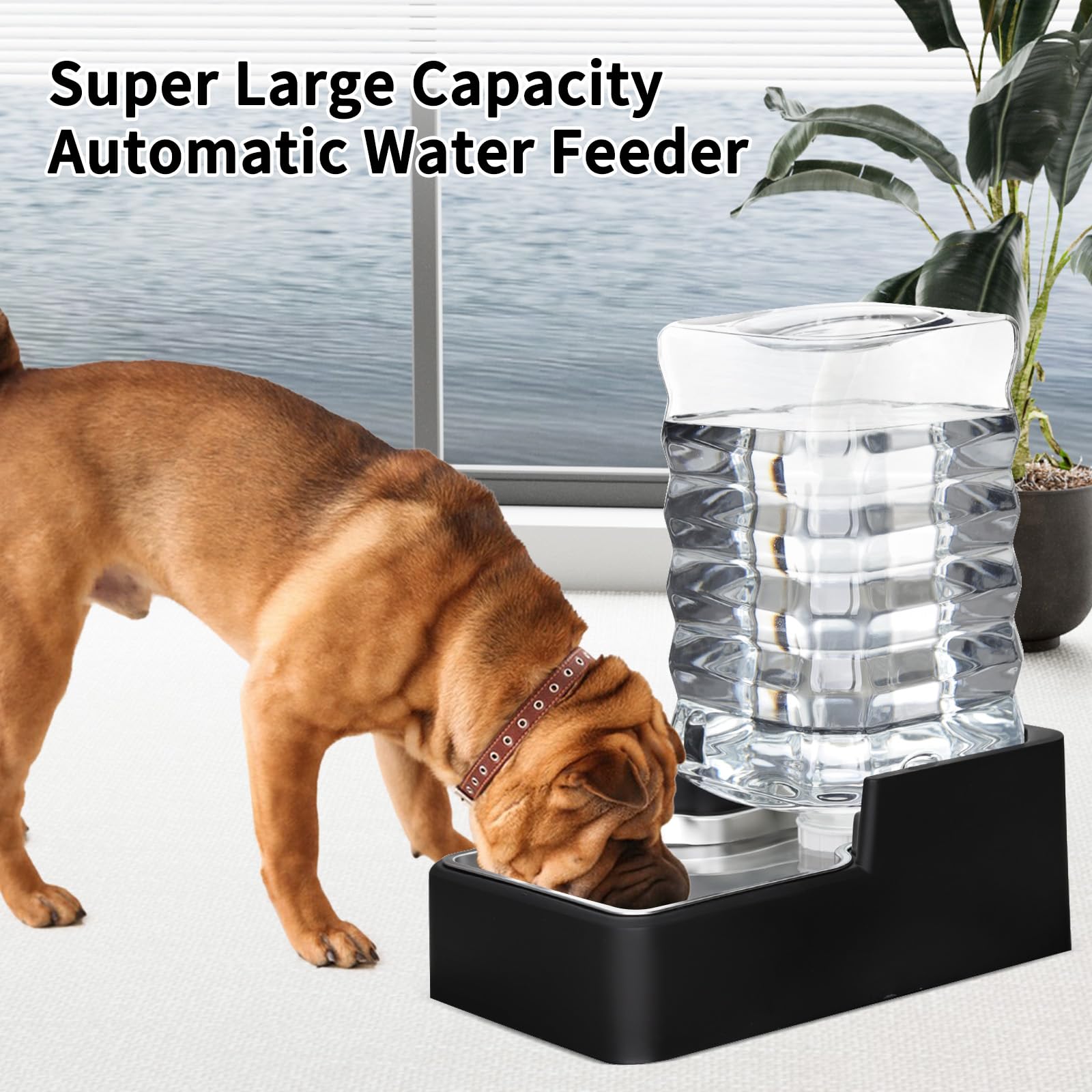 RIZZARI Dispensador de agua para mascotas de acero inoxidable: cuenco automático de gravedad a prueba de fugas de 8 L, grande para gatos, perros, uso en interiores y exteriores (negro sin filtro, 8 L)