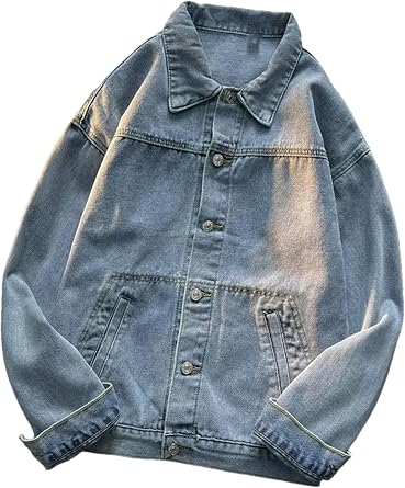 Mens Single-Breasted Loose Fit Denim Jacket Turn-Down Collar Solid Color Retro Korean Fashion Y2K Streetwear Denim Jacket