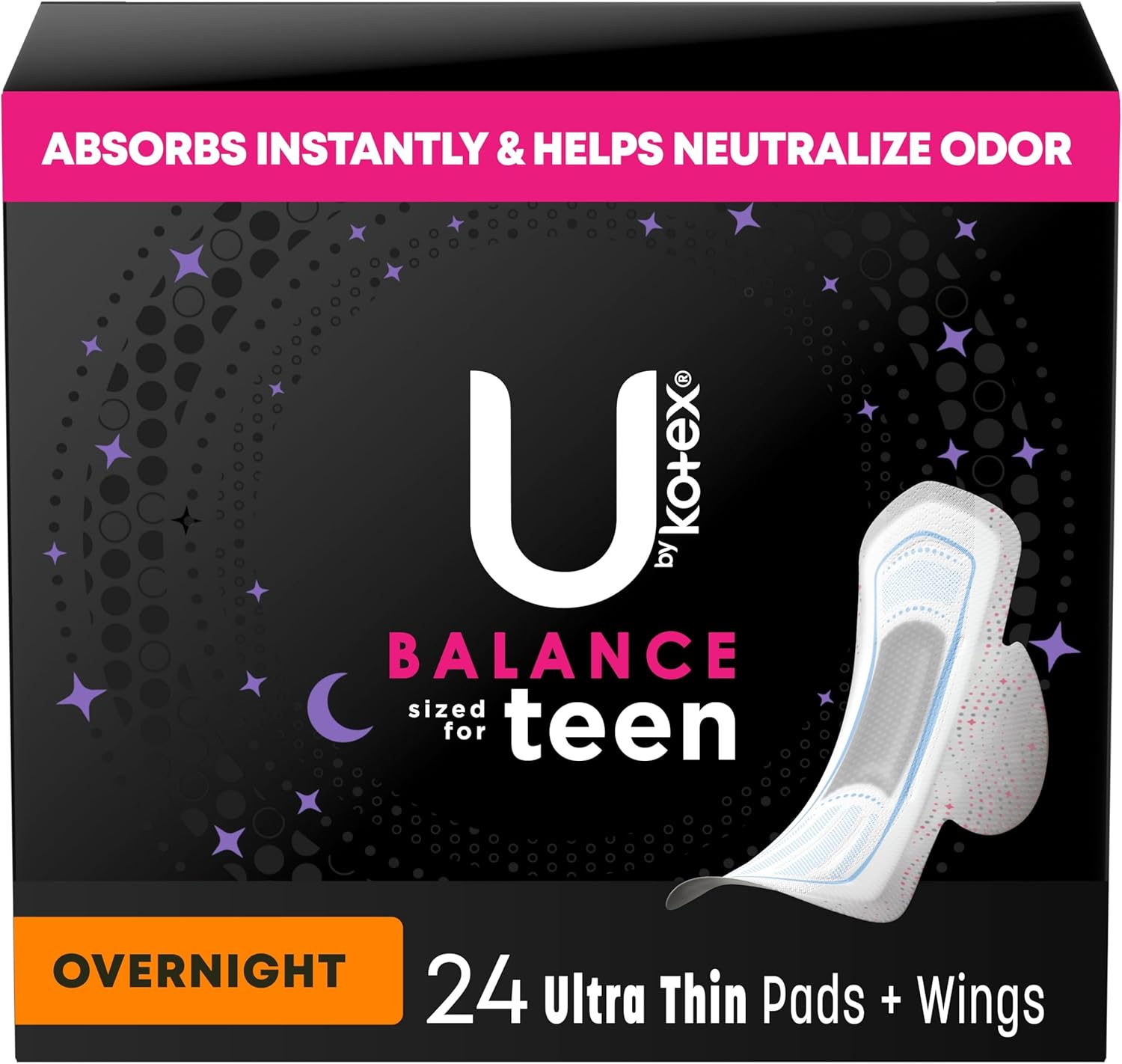 U by Kotex Balance Sized for Teens Ultra Thin Overnight Pads with Wings, 24 Count (Packaging May Vary) U by Kotex Balance Sized for Teens Ultra Thin Overnight Pads with Wings, 24 Count (Packaging May Vary)
