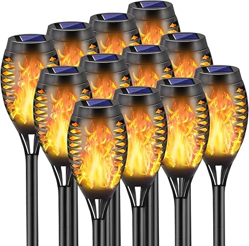 Luces solares para exteriores, paquete de 12 luces solares con llama parpadeante, 12 mini linternas LED Tiki para exteriores, decoraciones de