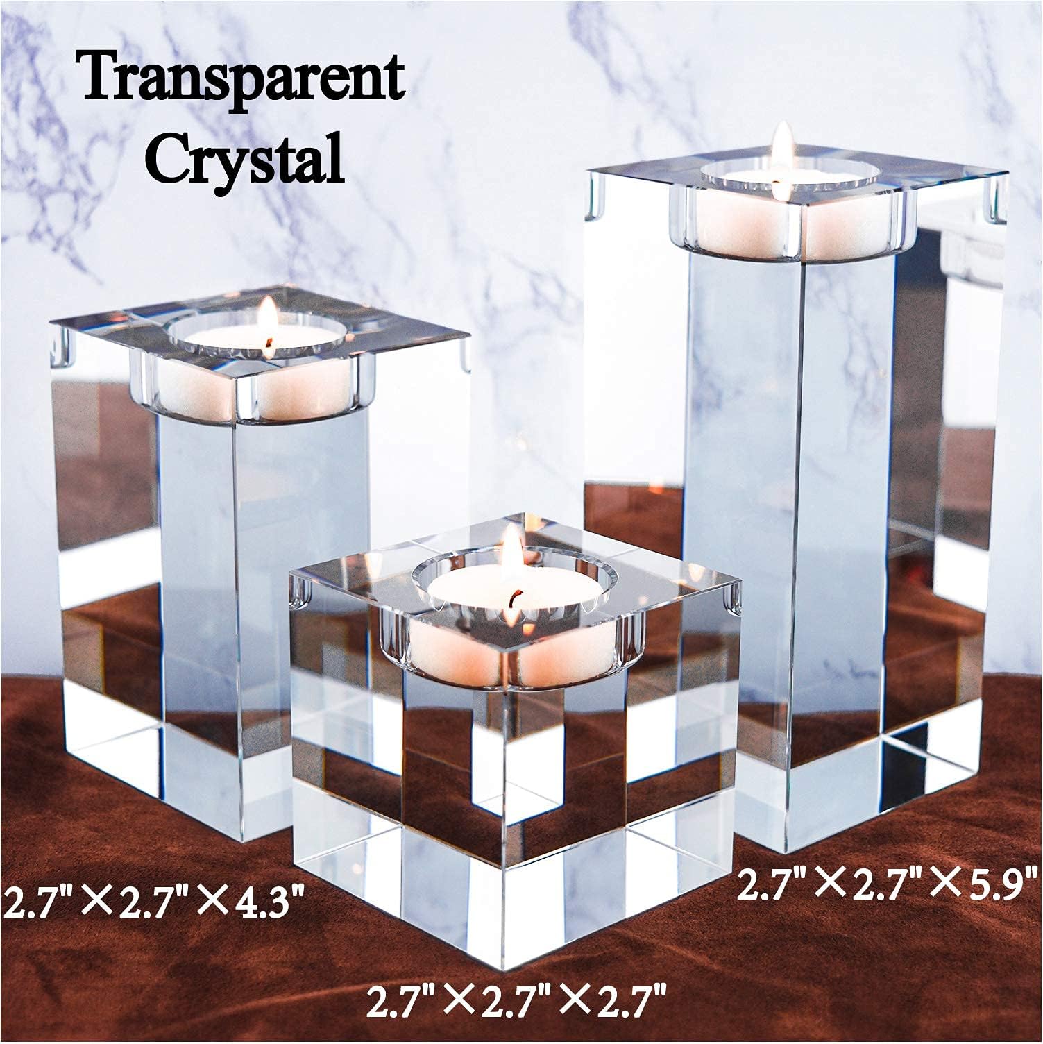 Large Crystal Candle Holders Set of 3, 2.7/4.3/5.9 inches, Prepackaged Huge Big Elegant Heavy Solid Square Tealight Holders Set Centerpiece for Home Decor