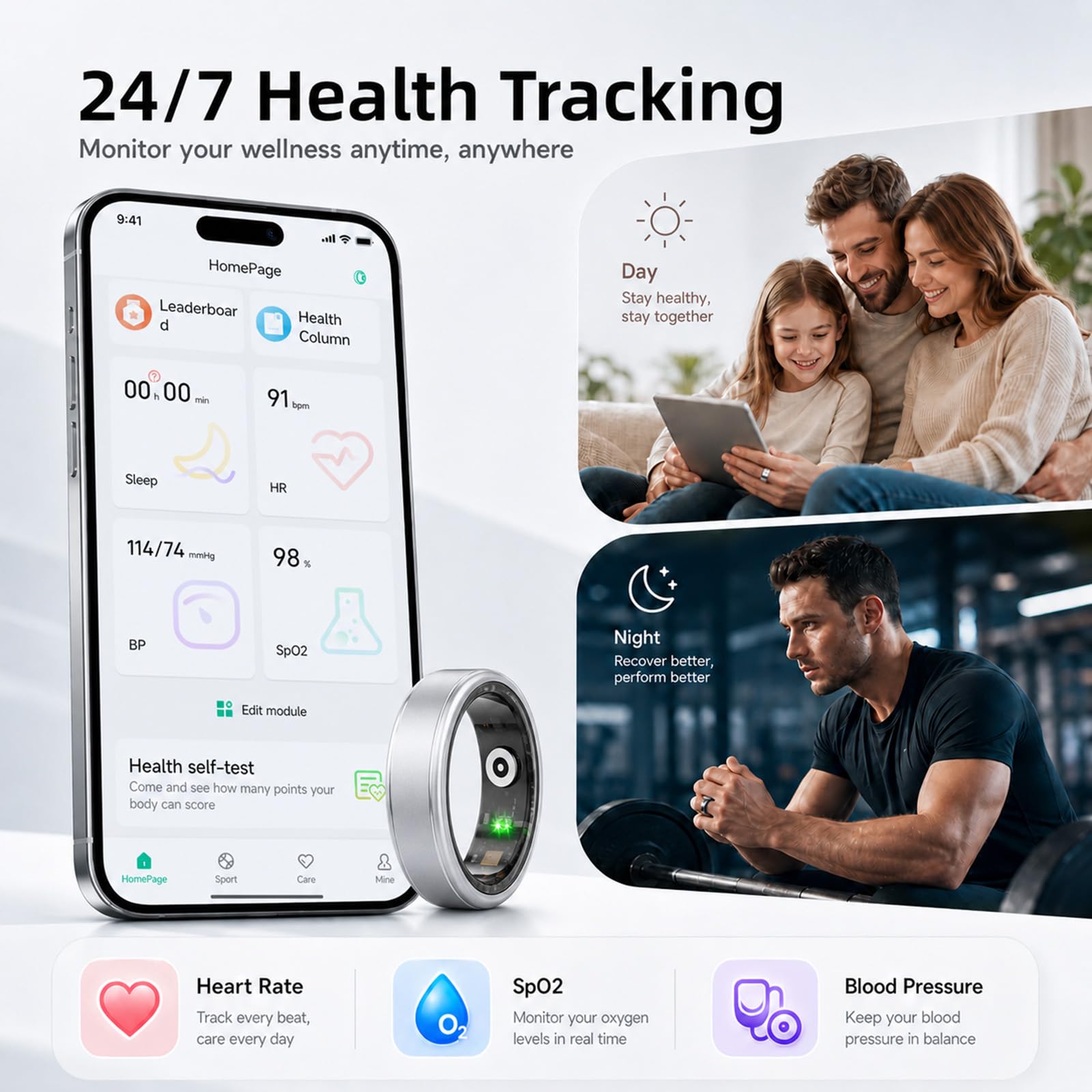 Anillo inteligente para mujeres y hombres, IP68, resistente al agua, con frecuencia cardíaca, oxígeno en sangre y monitor de sueño, anillo de seguimiento de salud compatible con iOS y Android, sin
