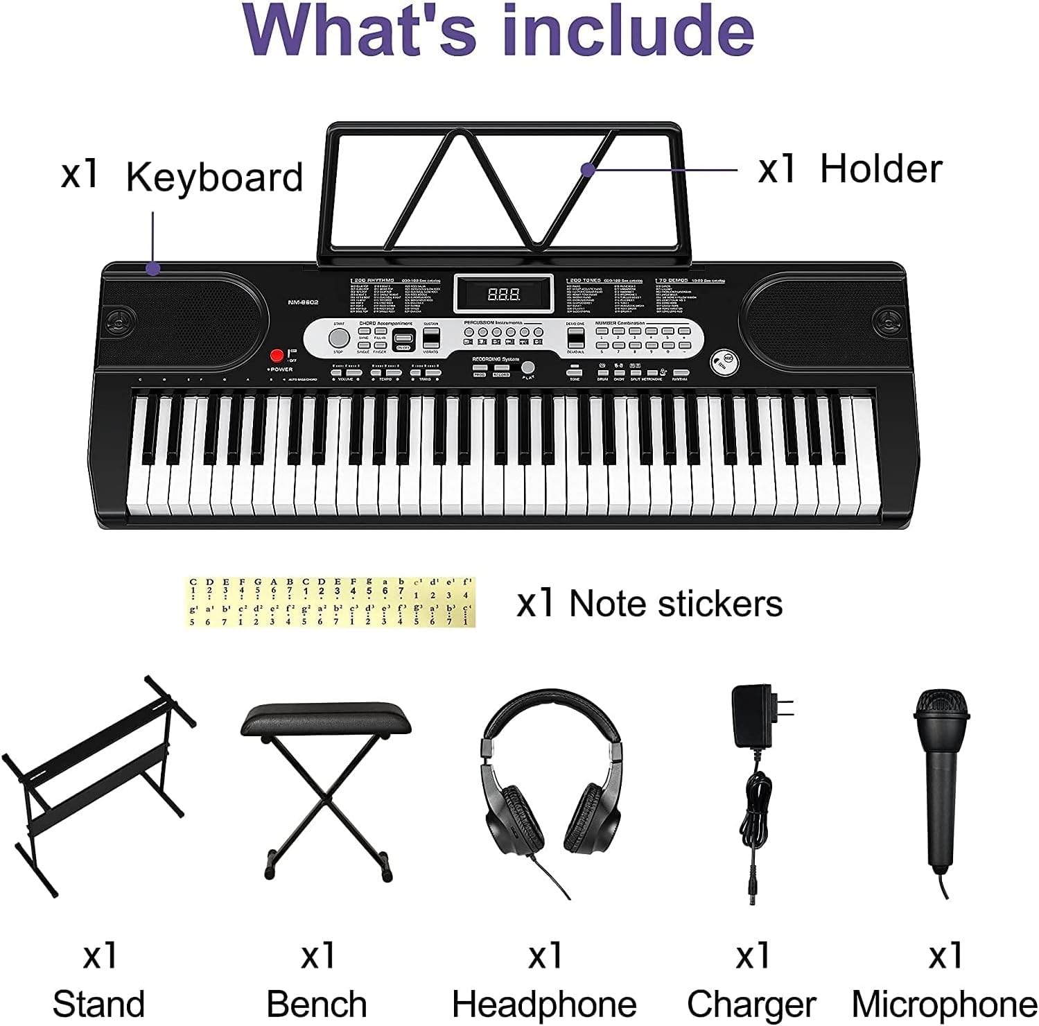 Senfot Kids Keyboard Piano 61 Key, Portable Electric Piano Keyboard, Sturdy Stand and Adjustable Stool, With Headphones and Microphone (Black- Set)