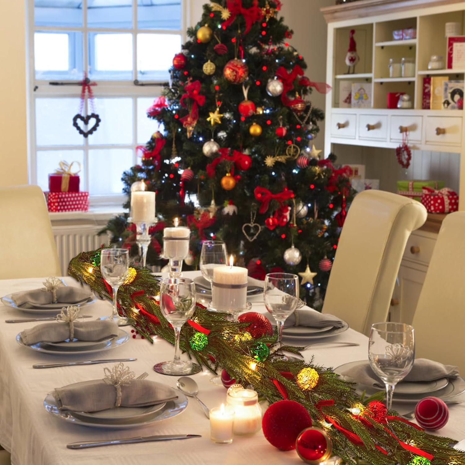 Condition photo showing New/Like New for Christmas Garland for Mantle with Lights, 6 Ft Norfolk Pine Garland with 9 Christmas Bows and 2 LED Strings, Prelit Garland for Decoration Christmas, Table, Stairs, Indoor, Outdoor Decor